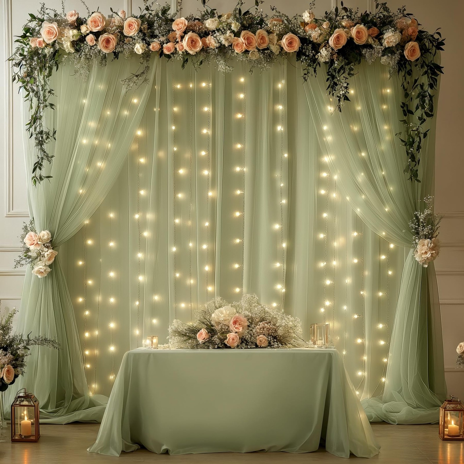 10×10 Ft Green Wrinkle Free Backdrop Curtain With Light String Wedding Party