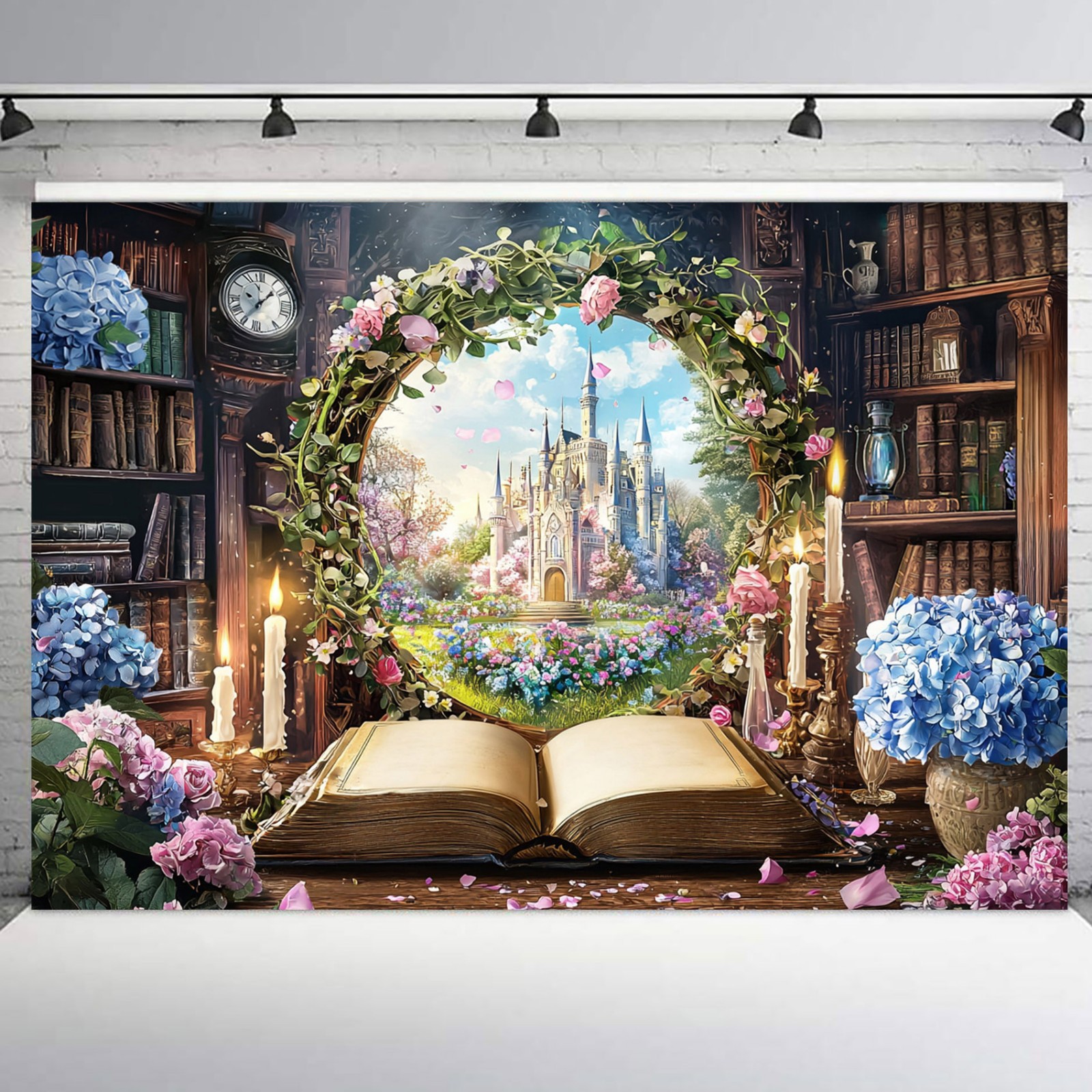 10x8ft Blue Floral Fairy Woodland Library Castle Vinyl Backdrop Photo Background