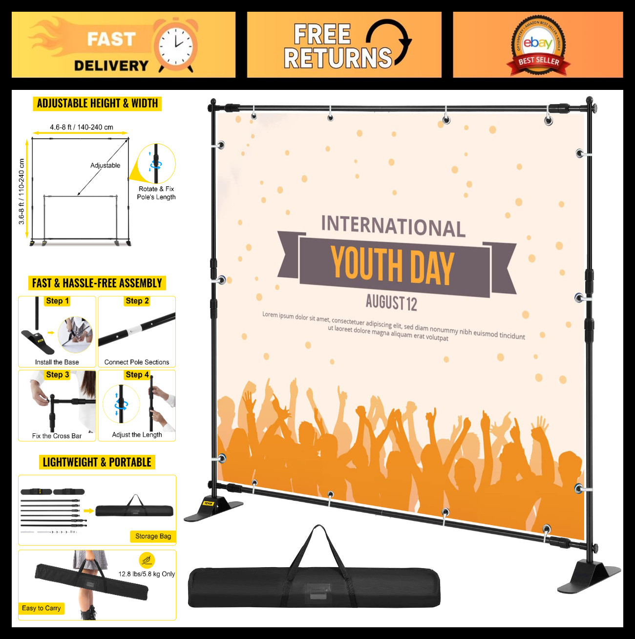 Adjustable 8×8 Ft Backdrop Banner Stand with Carrying Bag for Weddings, Parties