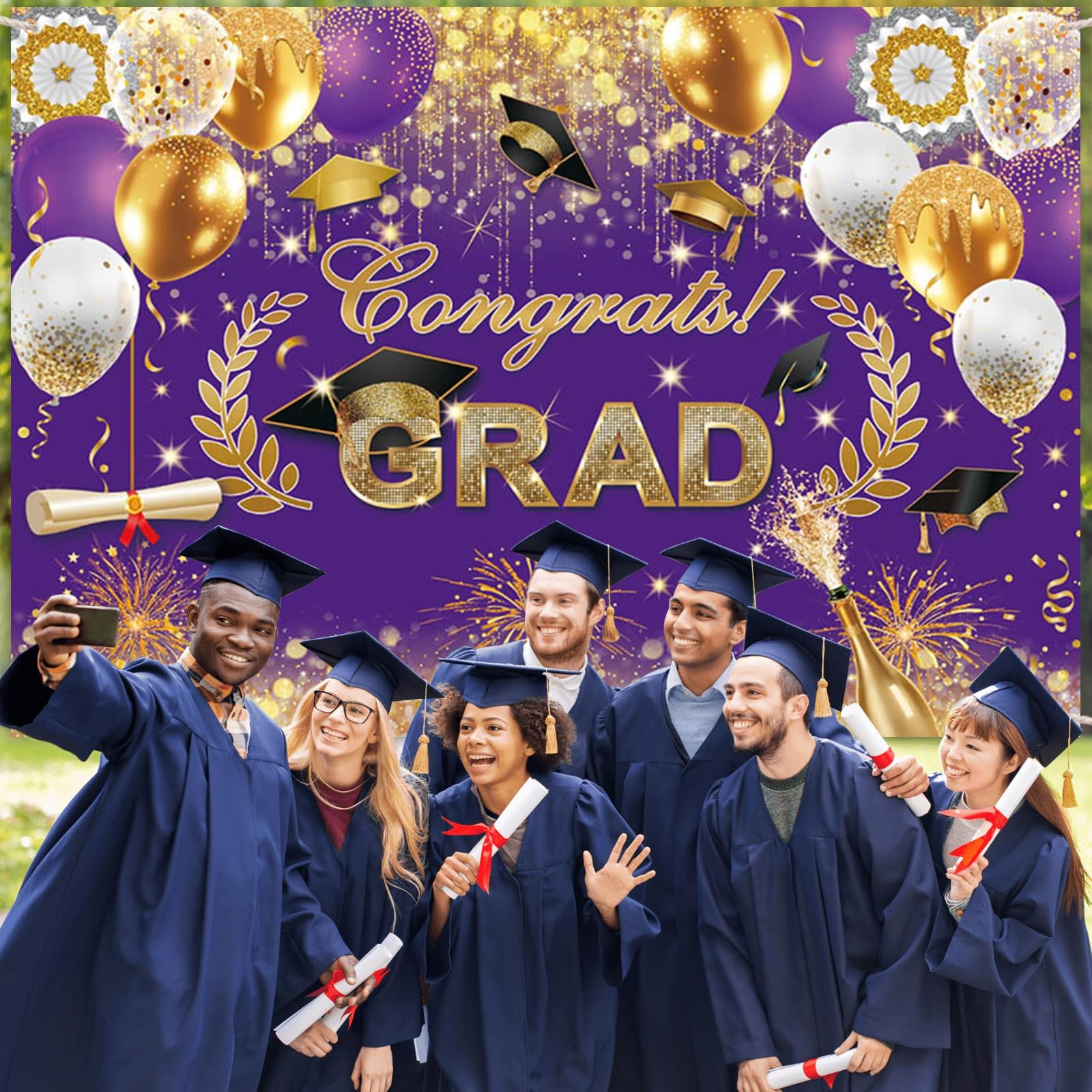 7x5ft Congrats Grad Backdrop Purple Gold Glitter Graduation Photography Backgrou
