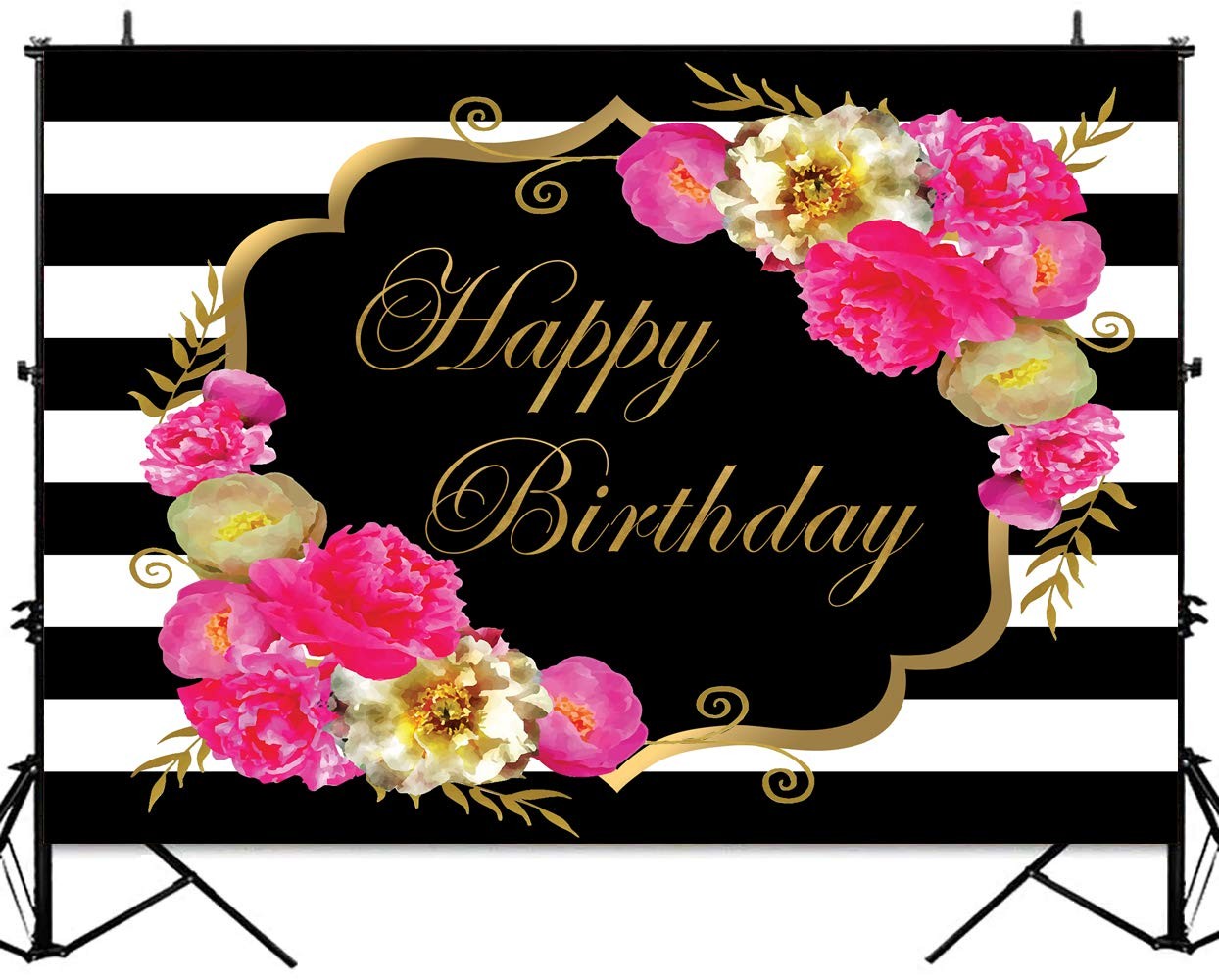 7x5ft Floral Happy Birthday Backdrop for Women Black White Stripe Background