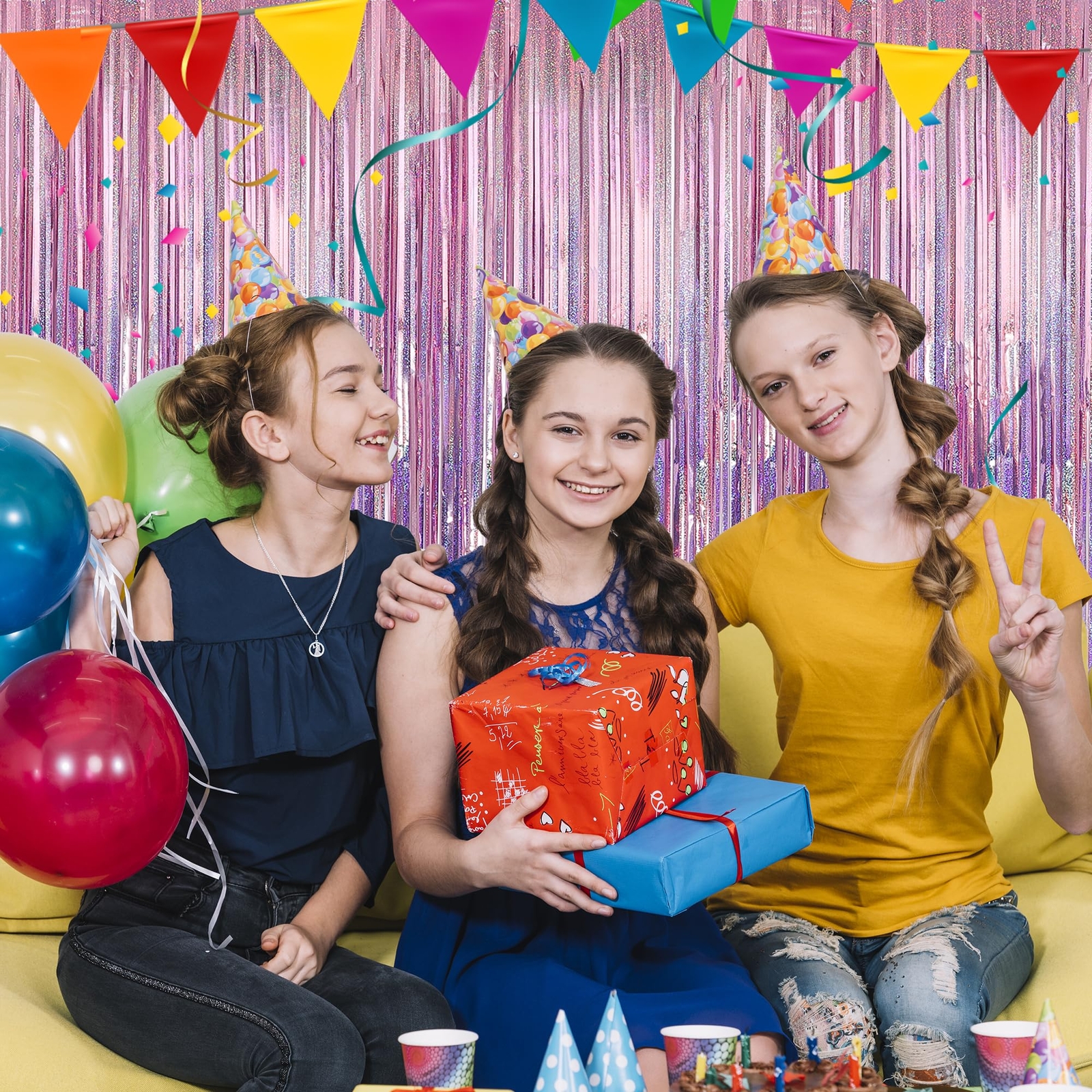 3 Pack 3.3×9.9 ft Pink Foil Fringe Backdrop Curtain Streamer Birthday Party