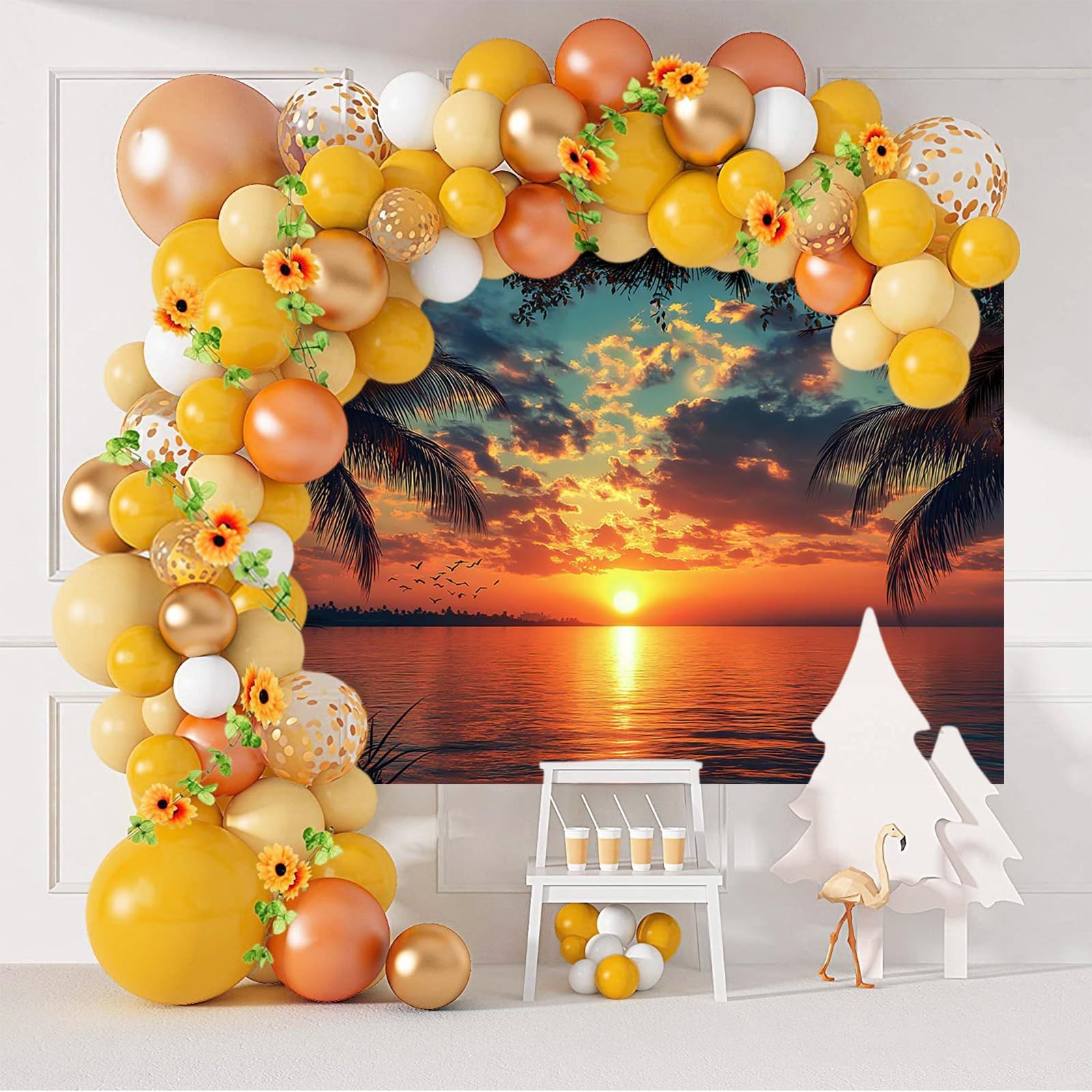 7x5ft Sunset Summer Beach Tropical Luau Palm Leaves Ocean Photo Backdrop