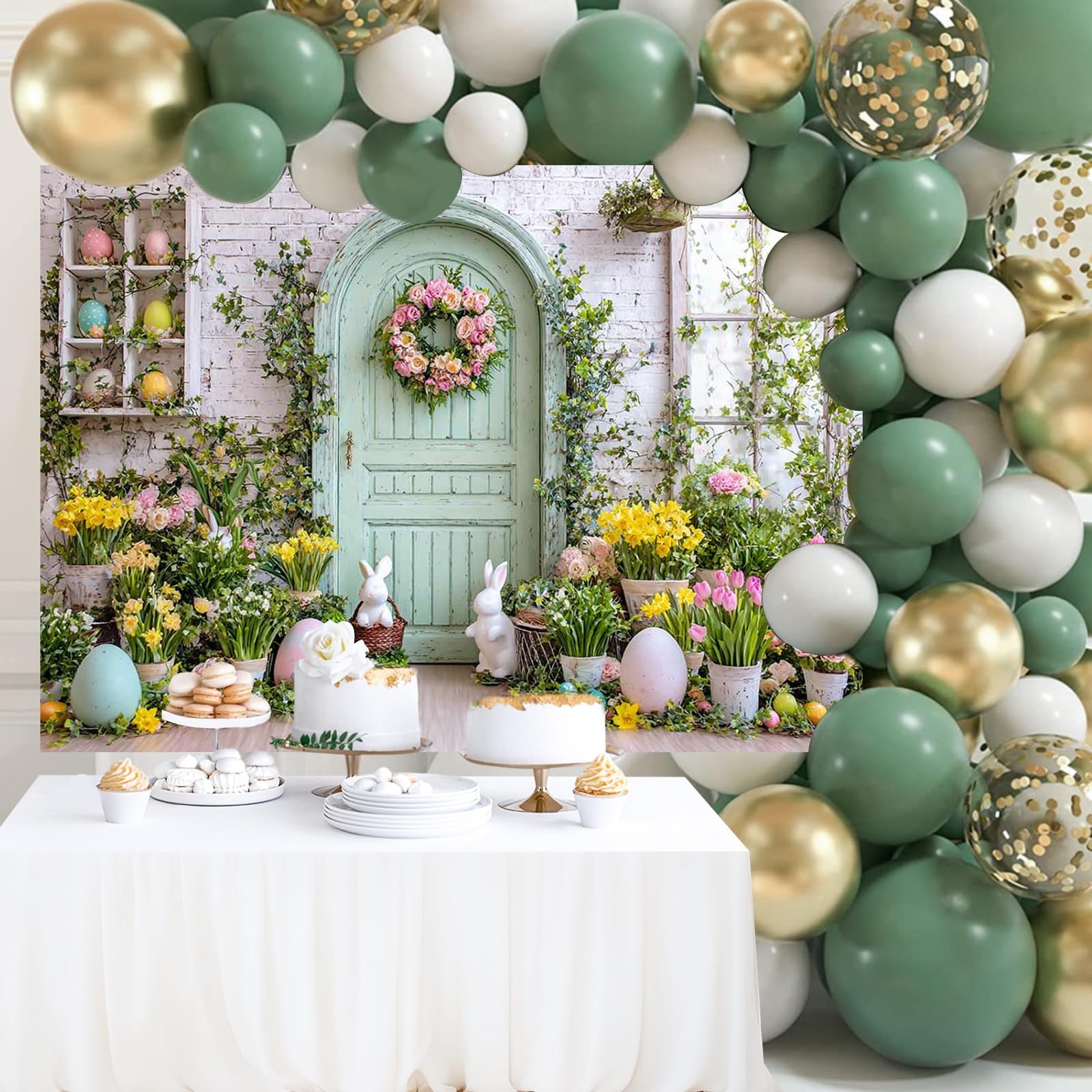 Spring Easter Backdrop 7x5ft – Green Wooden Wall Floral Photography Background D