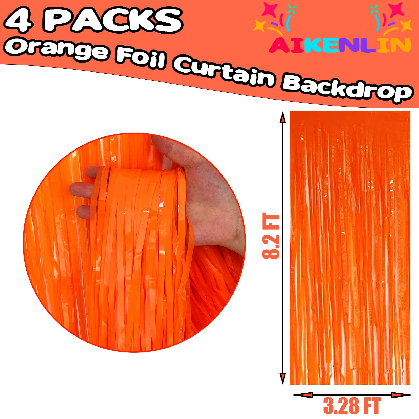 4 PCS Orange Foil Fringe Curtain Backdrop Metallic Tinsel Streamers 3.2×8.2 FT