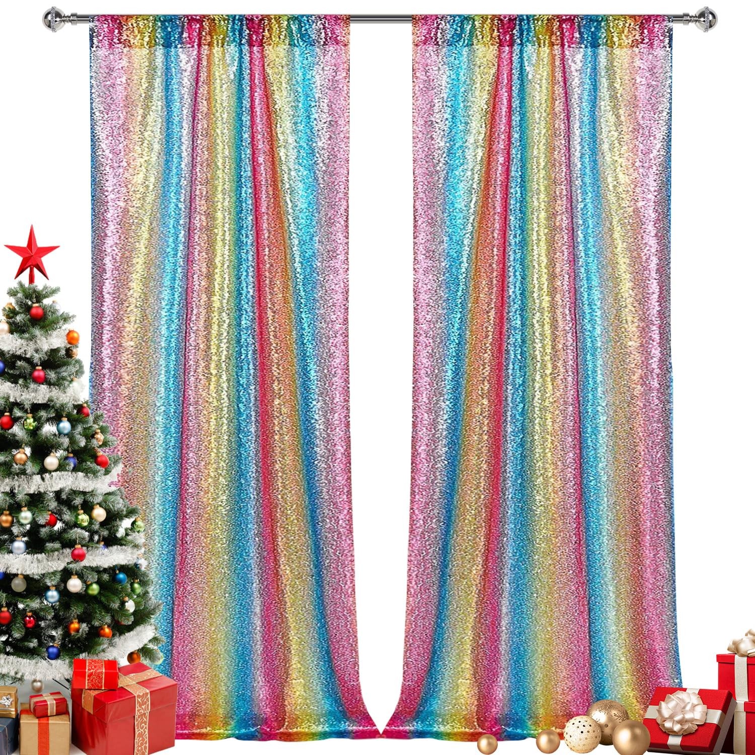 2 PCS 28FT Rainbow Sequin Backdrop Curtains Panels Photography Glitter Decor