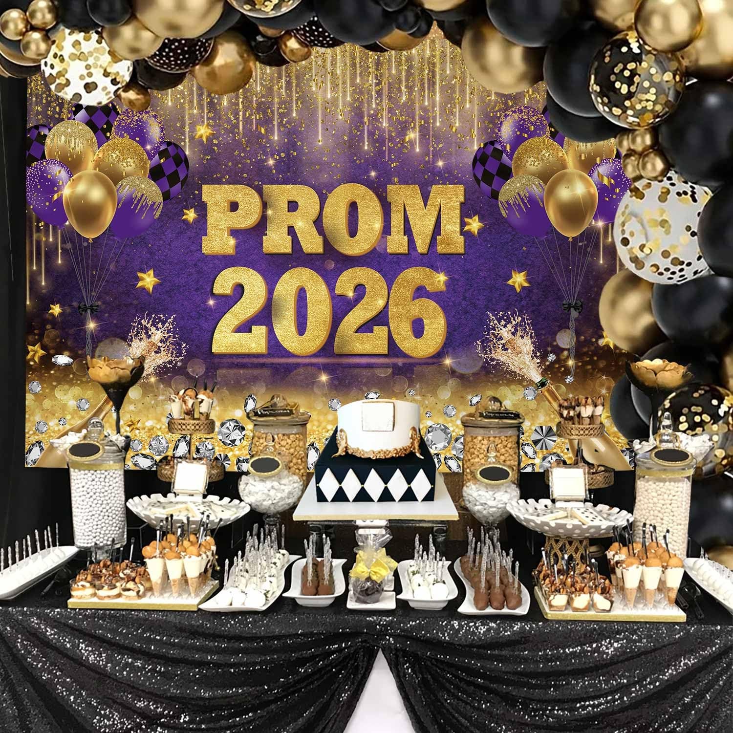 7x5ft Prom 2026 Congrats Grad Backdrop Purple Gold Glitter Graduation Photograph