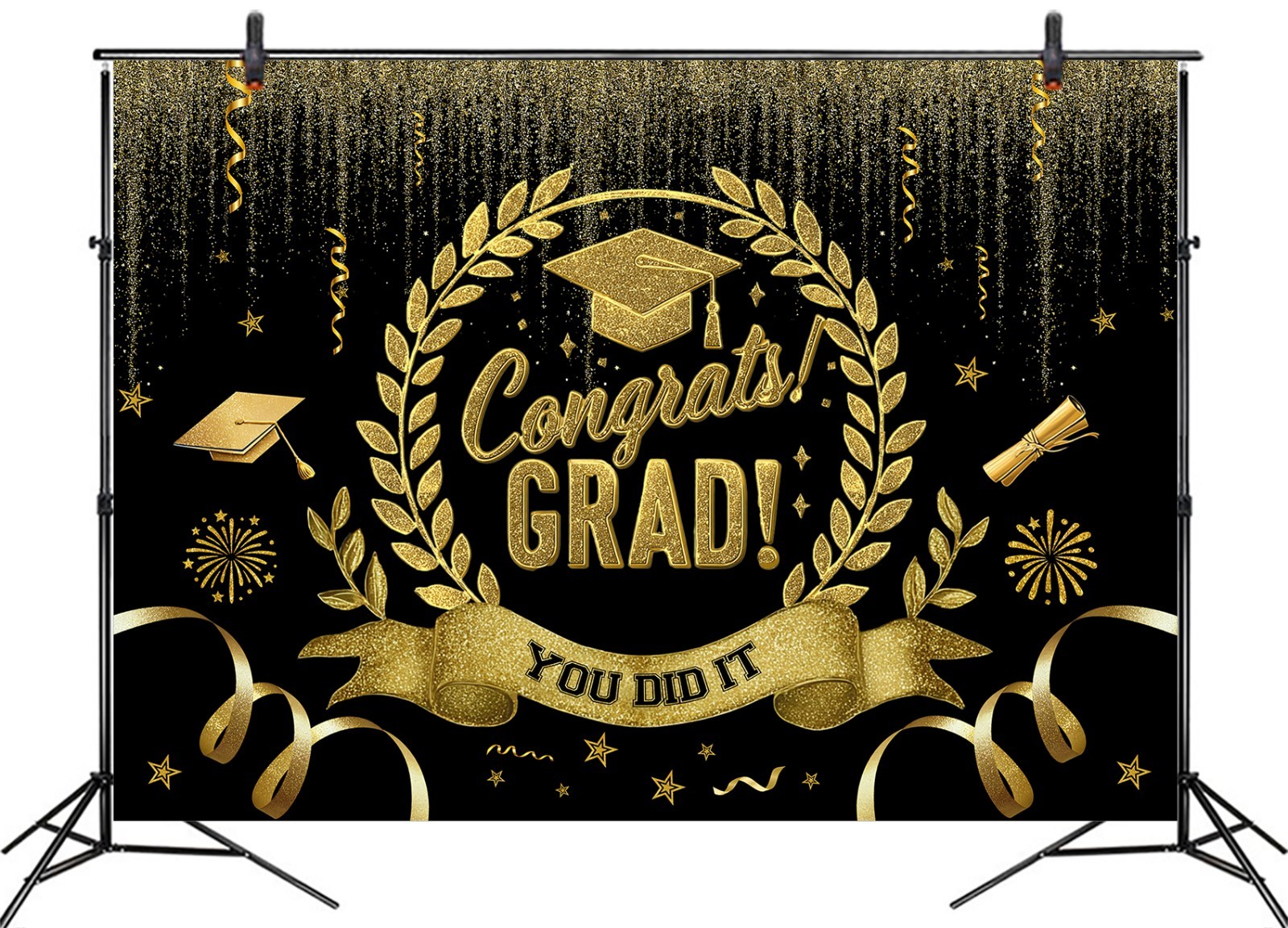 10x8ft Black Gold Congrats Grad Backdrop Graduation Party Photo Background