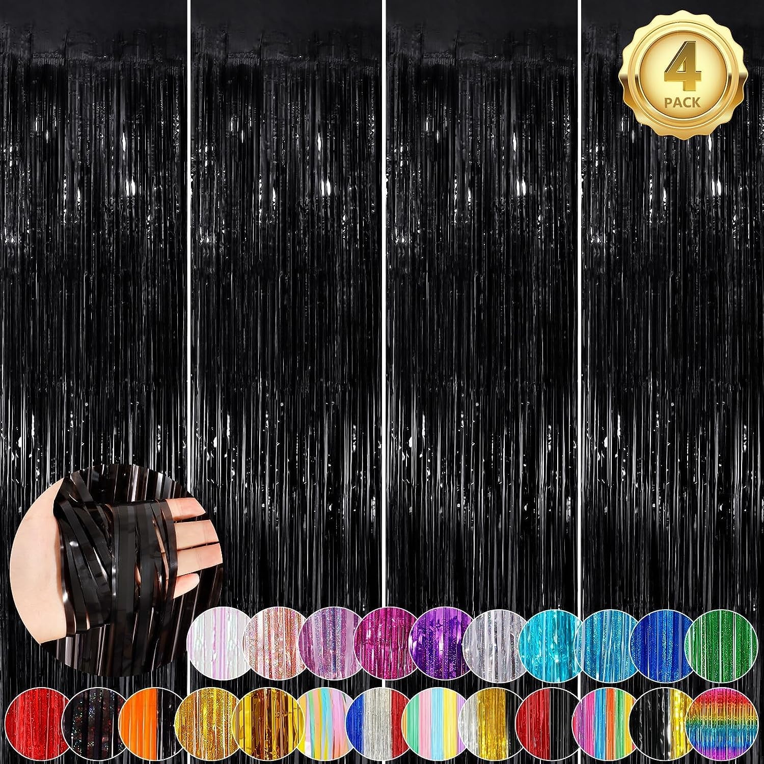Black Fringe Curtain Party Streamers 3.3×8.3 Ft Foil Backdrop Decor 4 PCS