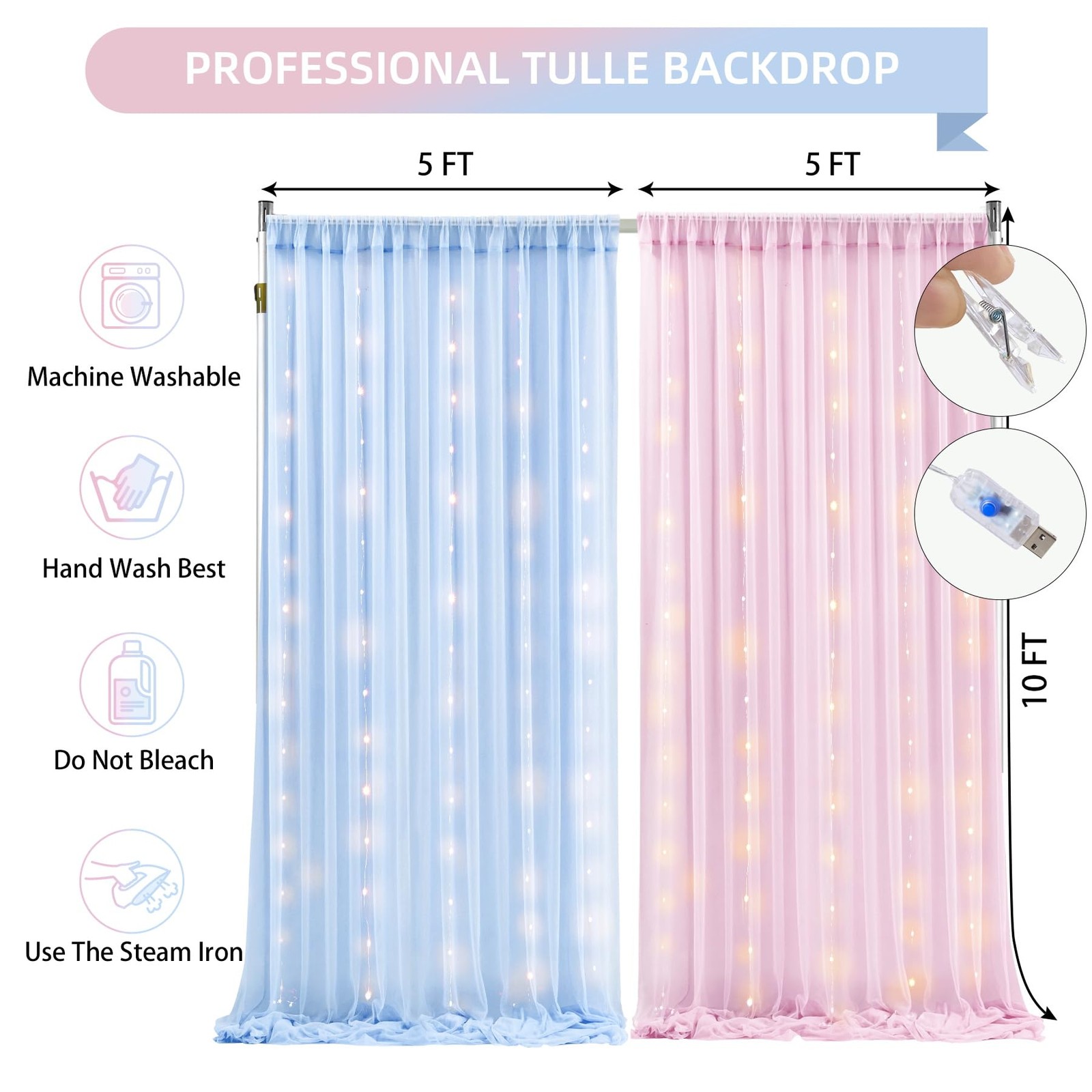 10×10ft Pink Blue Tulle Backdrop Curtain with Lights String for Parties, Shee…
