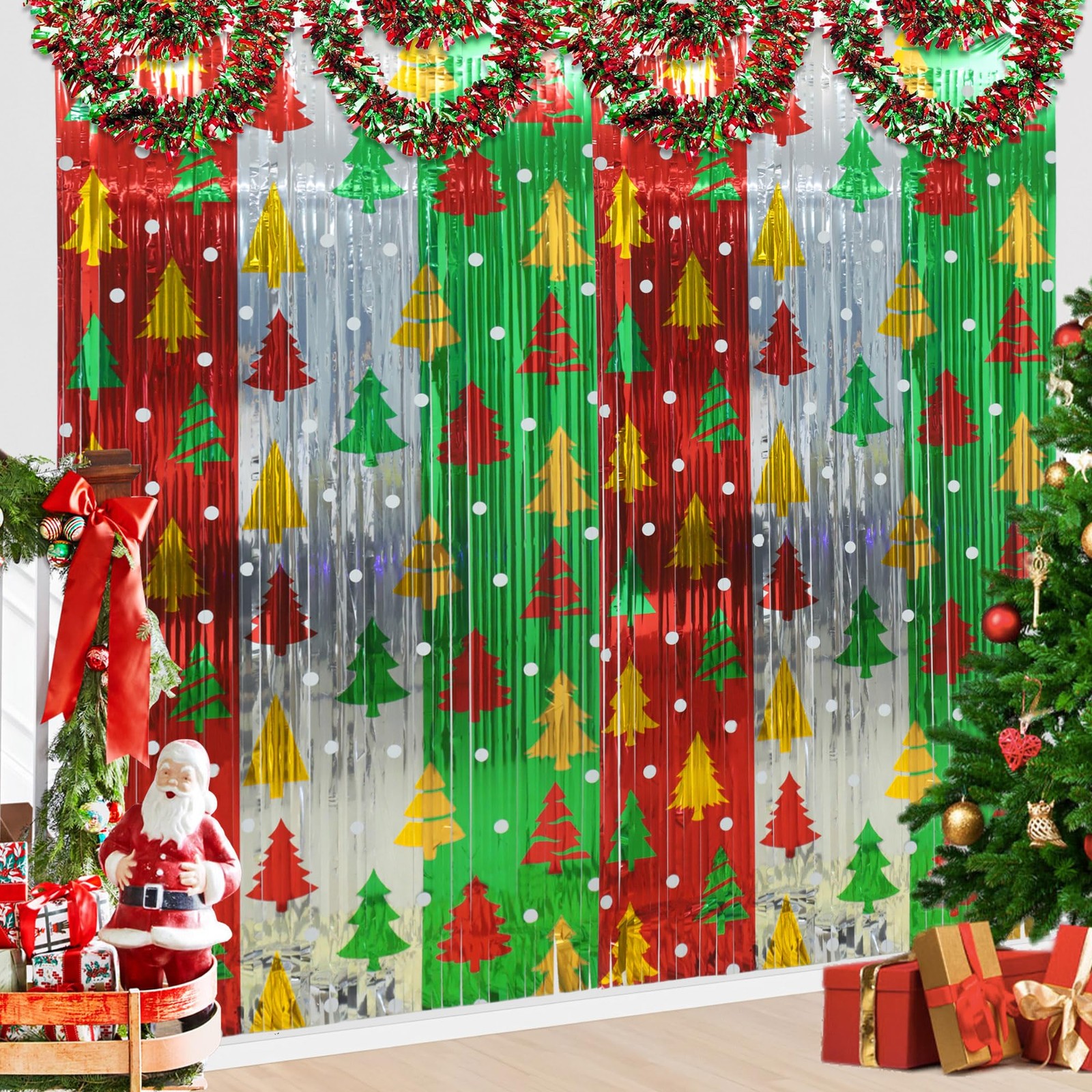 4 Pack Christmas Foil Fringe Curtains 3.3 x 6.6 Ft Christmas Tree Tinsel Curt…