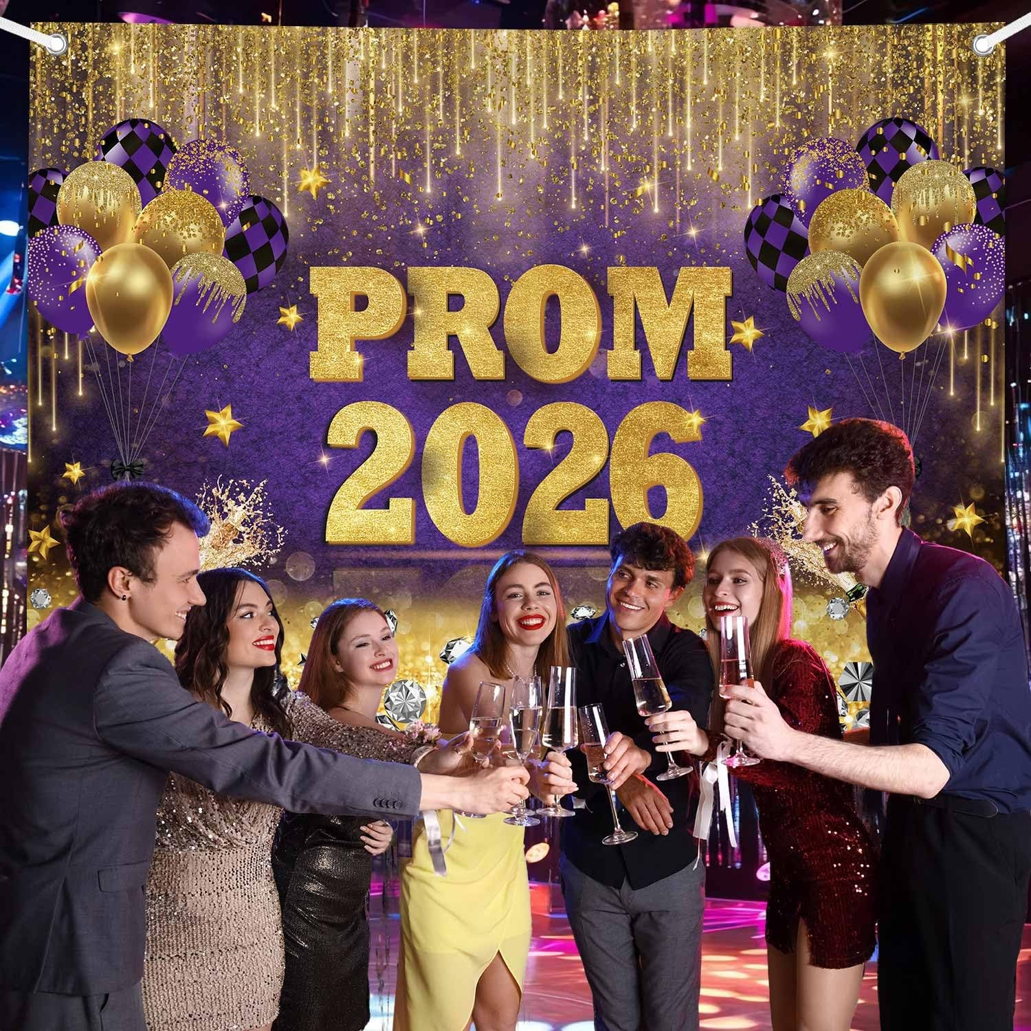 7x5ft Prom 2026 Congrats Grad Backdrop Purple Gold Glitter Graduation Photograph
