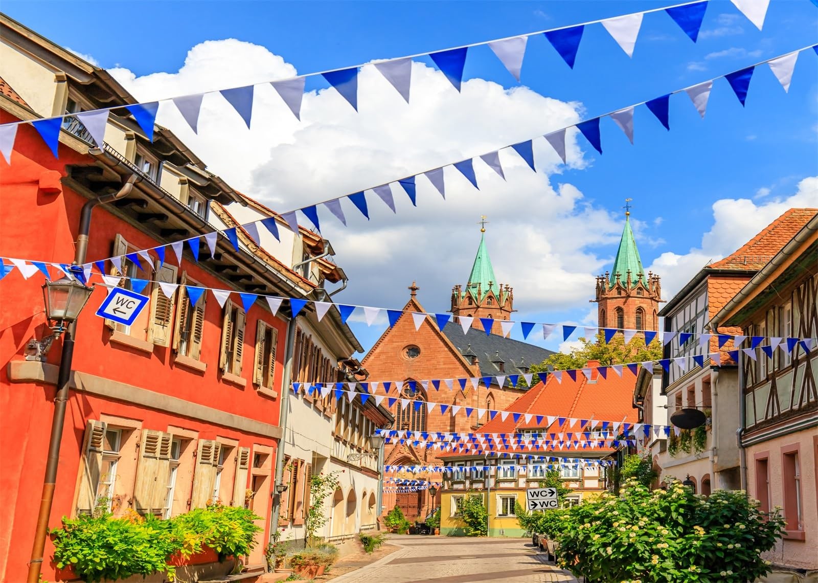 7x5ft Fabric Oktoberfest Backdrop Germany Bavaria Town Street with Bavarian Flag