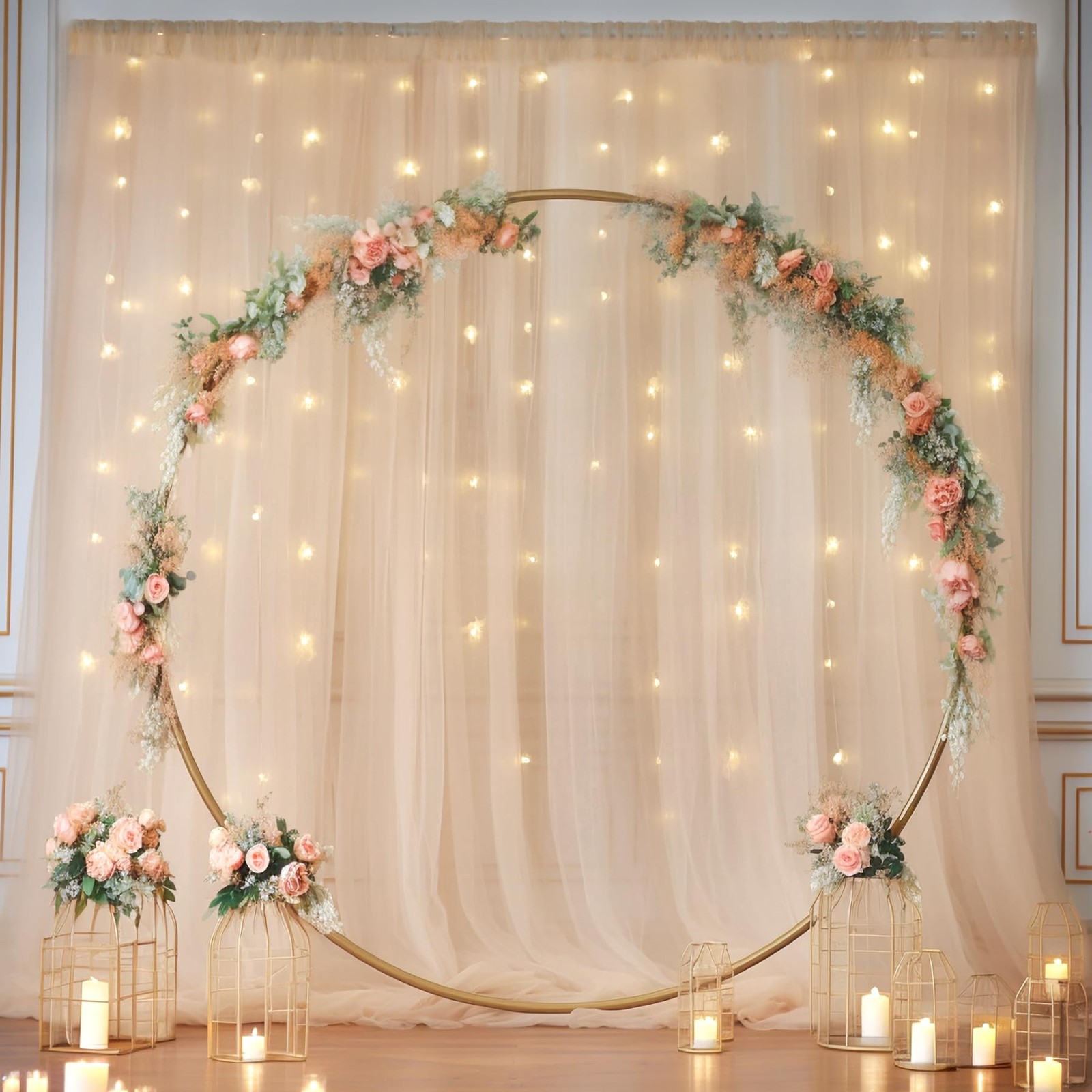 10x10ft Champagne Tulle Backdrop Curtain with Lights String for Parites, Shee…