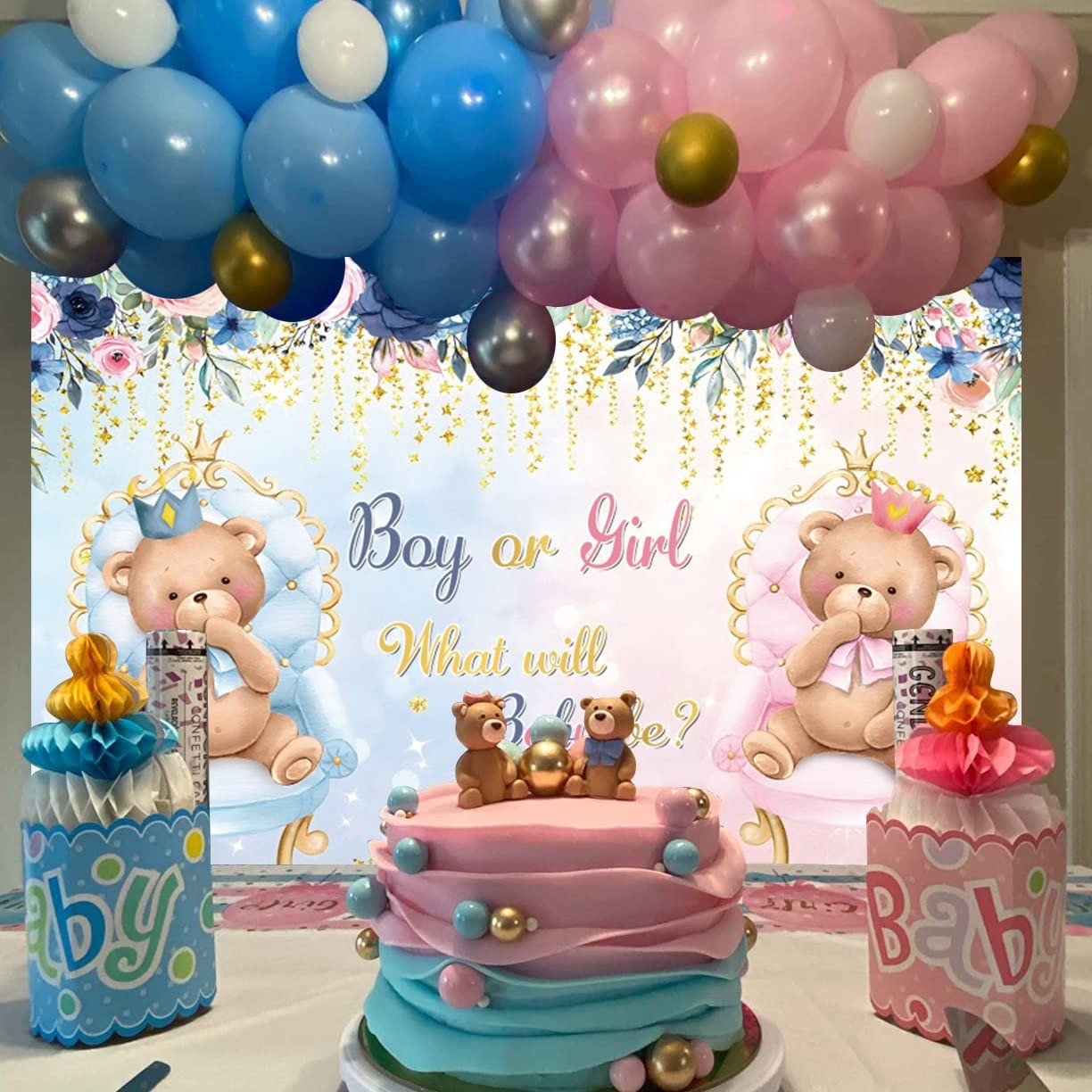 7x5Ft Boho Bear Gender Reveal Backdrop Pink Blue Baby Shower Photo Booth Banner