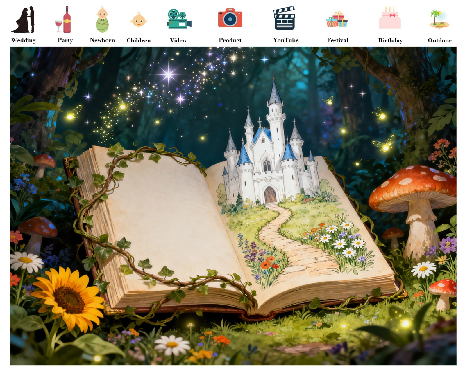 10x8ft Fairy Tale Books Mushroom Forest Castle Photo Background Studio Props