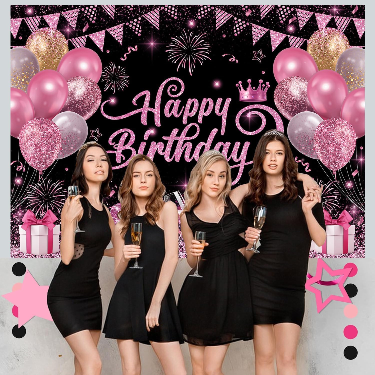 7X5Ft Pink and Black Happy Birthday Backdrop Women Birthday Party Photography