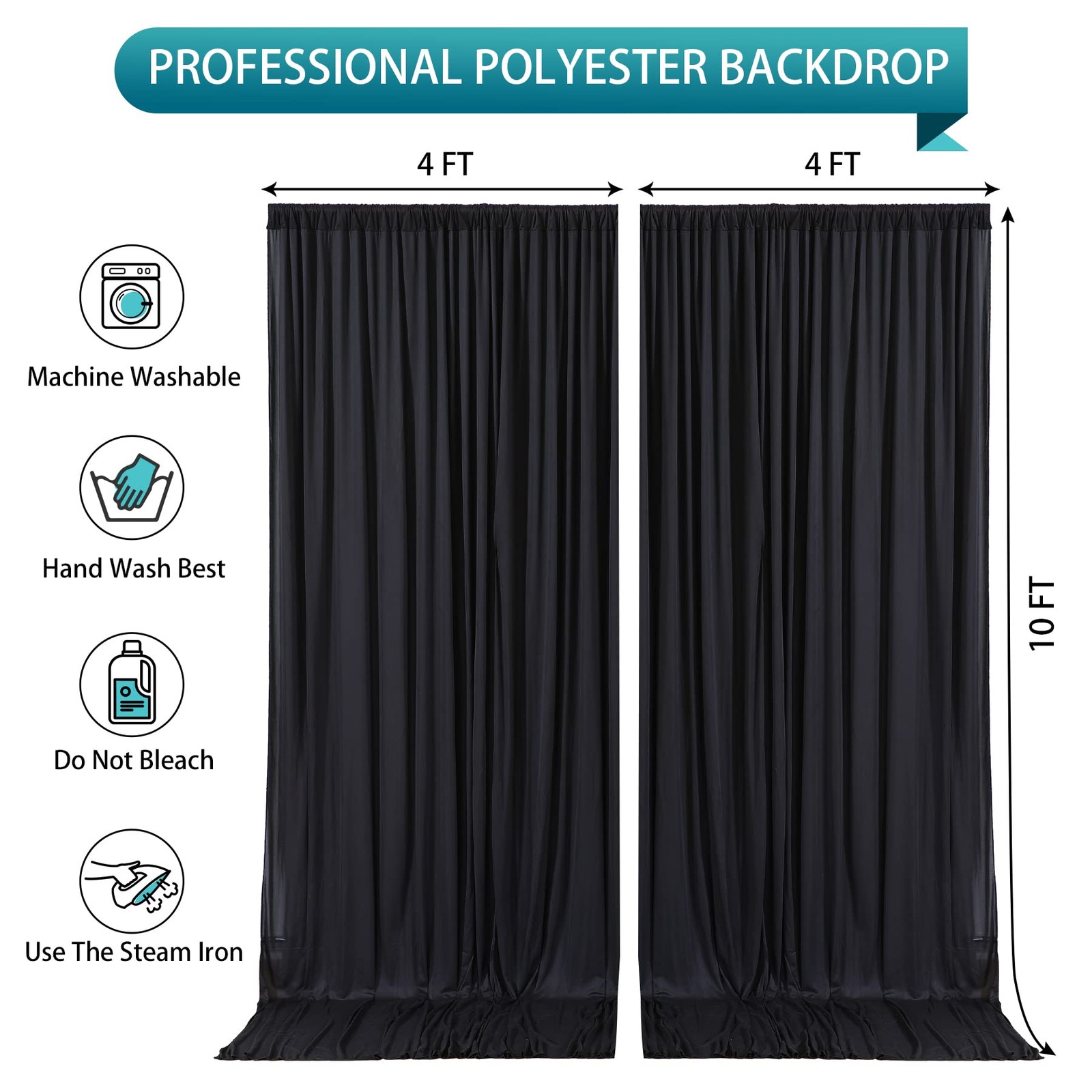 Black Backdrop Curtain 2 Panels Wrinkle Free Polyester Drapes 8×10 ft Wedding
