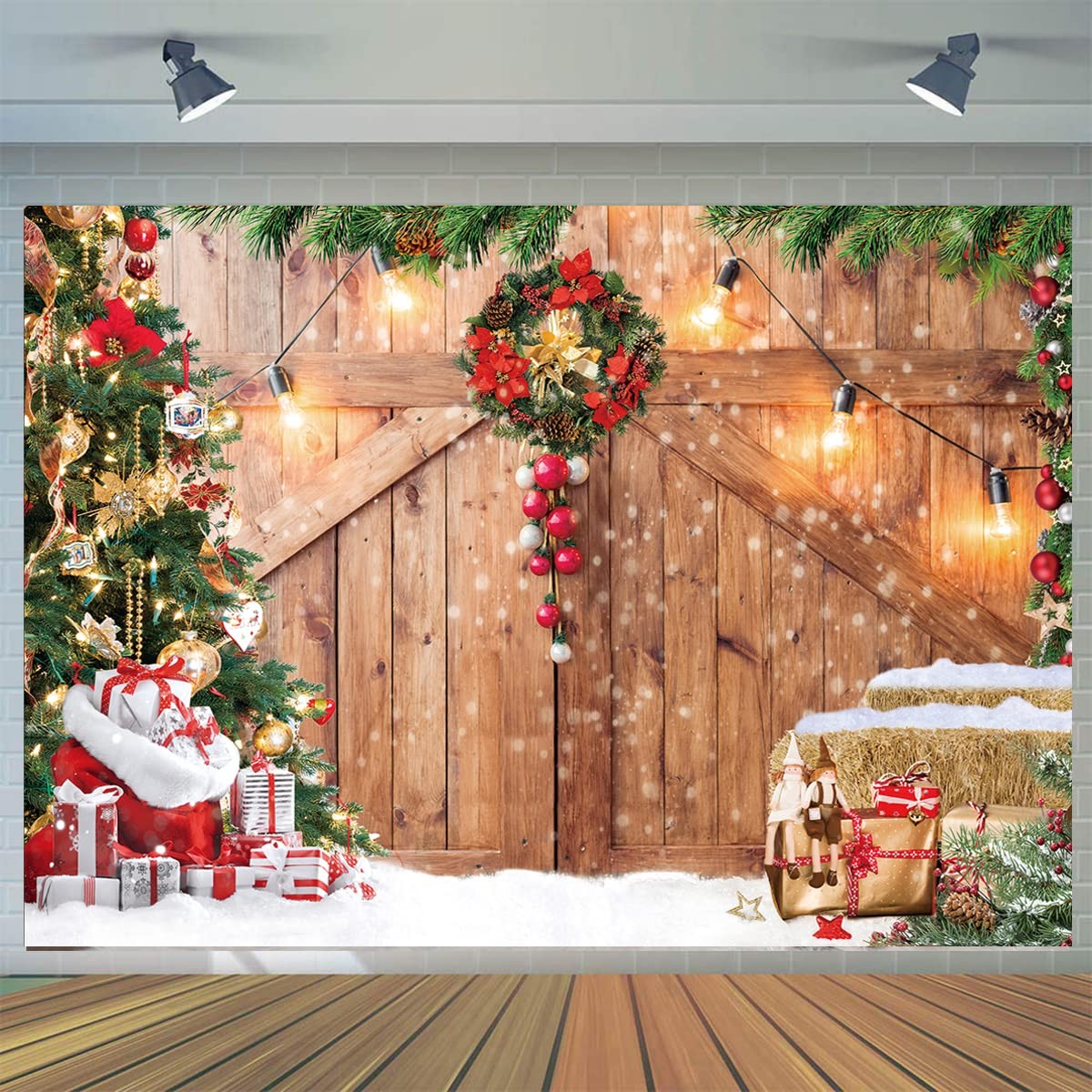 CYLYH 7x5FT Christmas Barn Wood Door Photography Backdrop Xmas Multicolor
