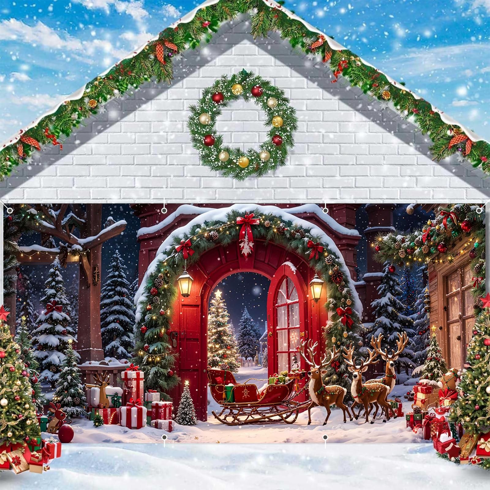 Winter Forest Garage Door Cover 7x16ft Holiday Decorations for Outdoor Parties