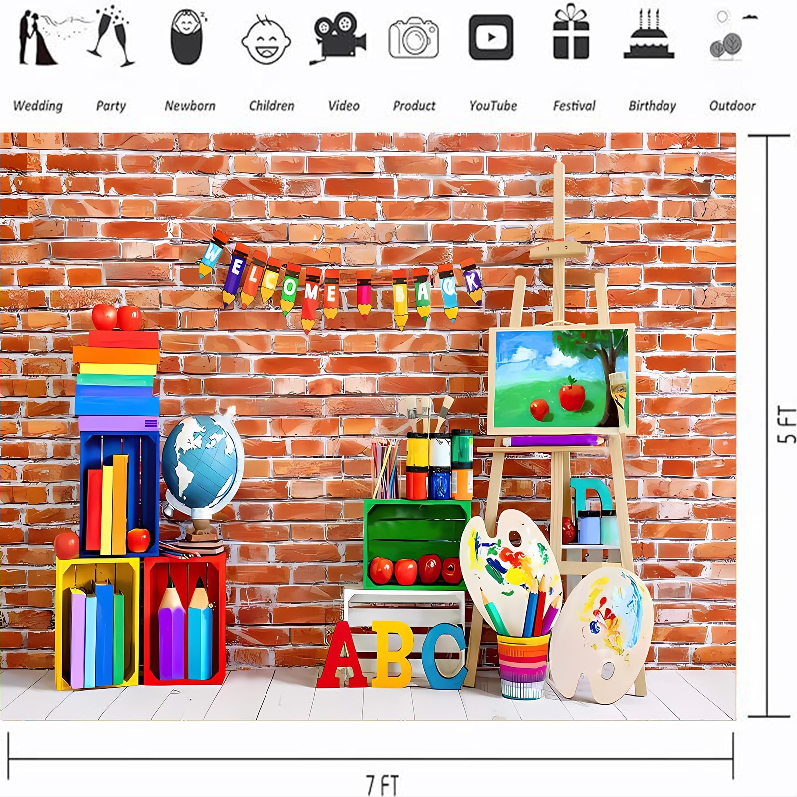 Welcome Back to School Backdrop Brick Wall ABC Kids Birthday Decor 7×5 Ft