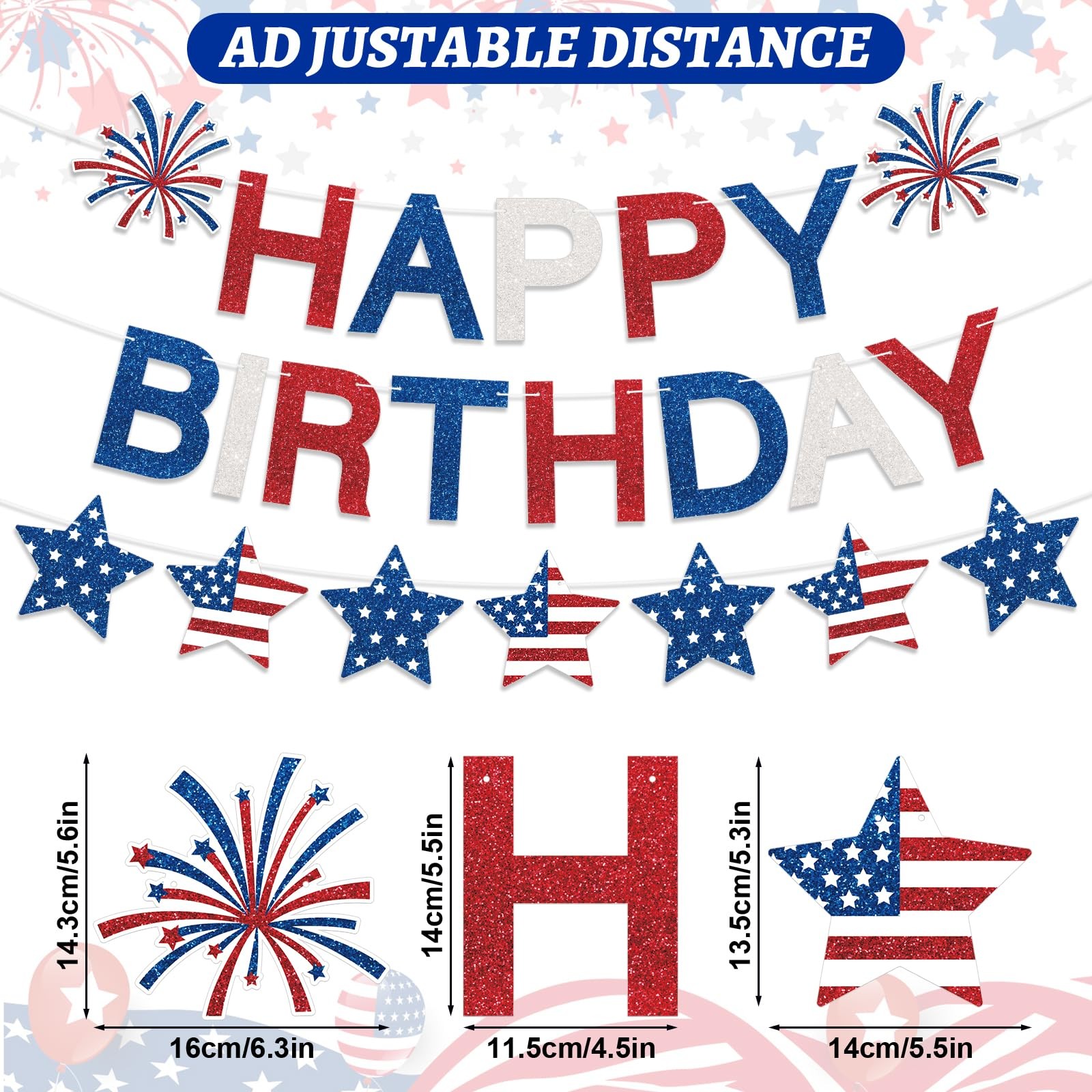Happy Birthday Banner Patriotic Red White Blue Decorations, Glitter Happy Pat…