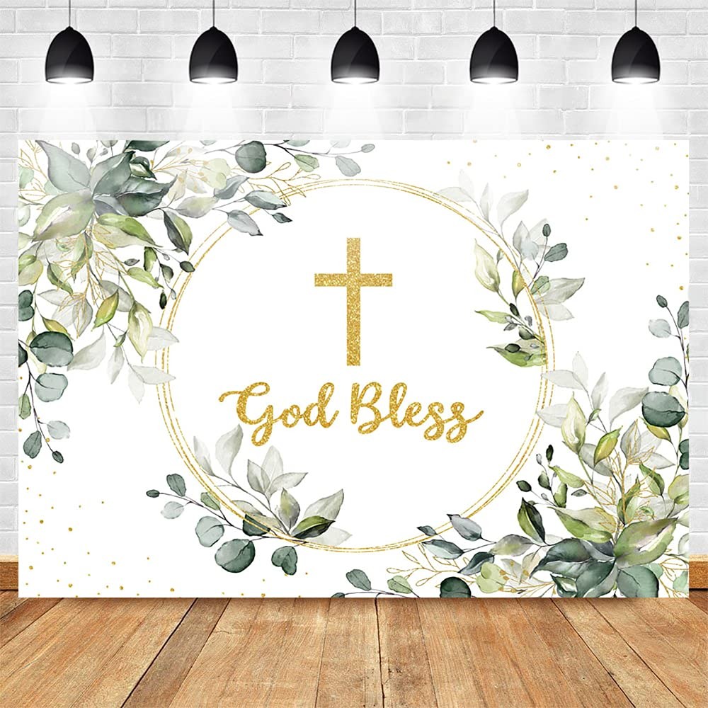 Baptism Backdrop 10x7ft Greenery Green Gold God Bless – Cake Table Decoration