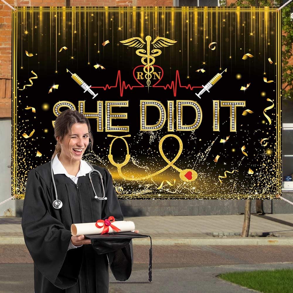 Nurses Graduation Backdrop She Did It Congratulations Graduates Black Gold Glit