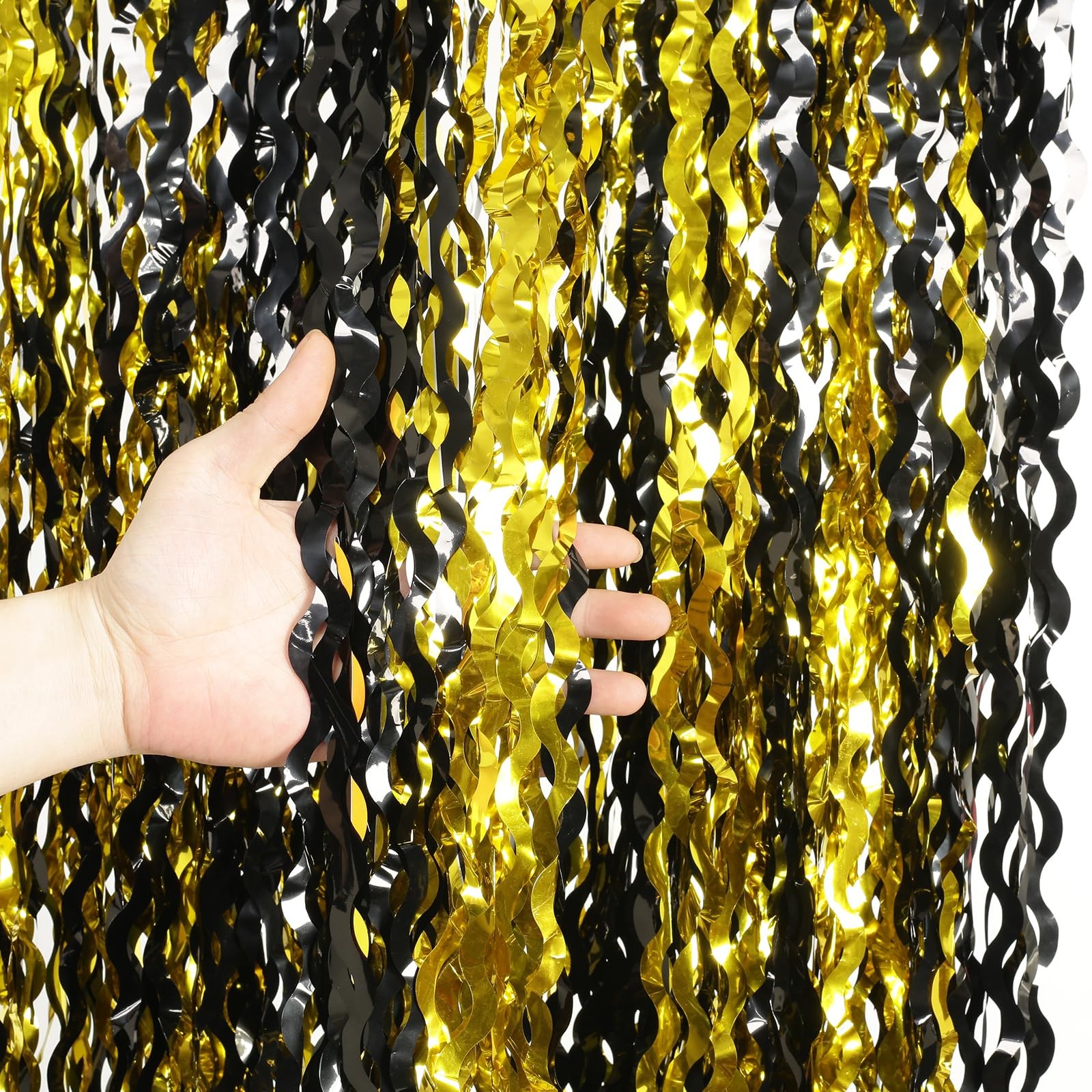 4 PCS Black Gold Wavy Foil Fringe Curtains Streamers 3.3×6.6 Ft Photo Backdrop