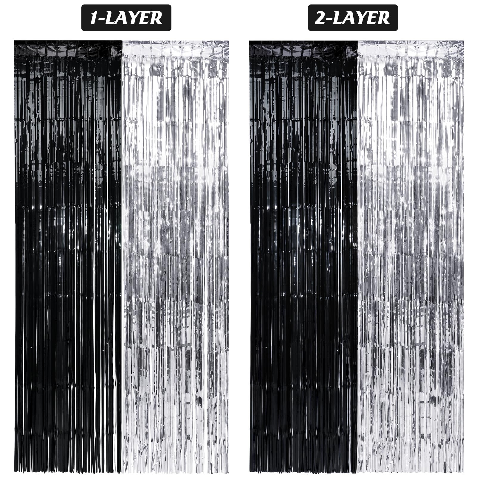 Black Silver Metallic Foil Fringe Tinsel Curtain Backdrop 3.3×6.6 Ft 6 PCS Set