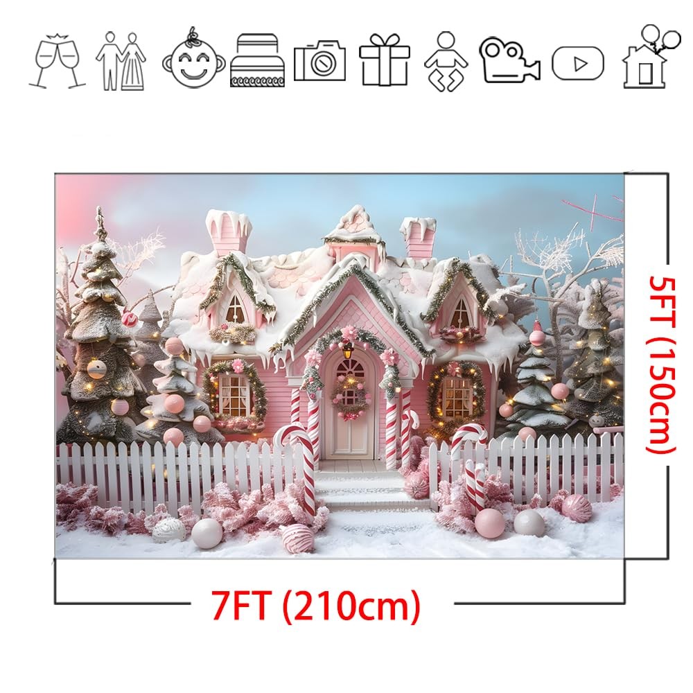 Pink Christmas Backdrop House Cane Candy Winter Holiday Party Props 7×5 Ft