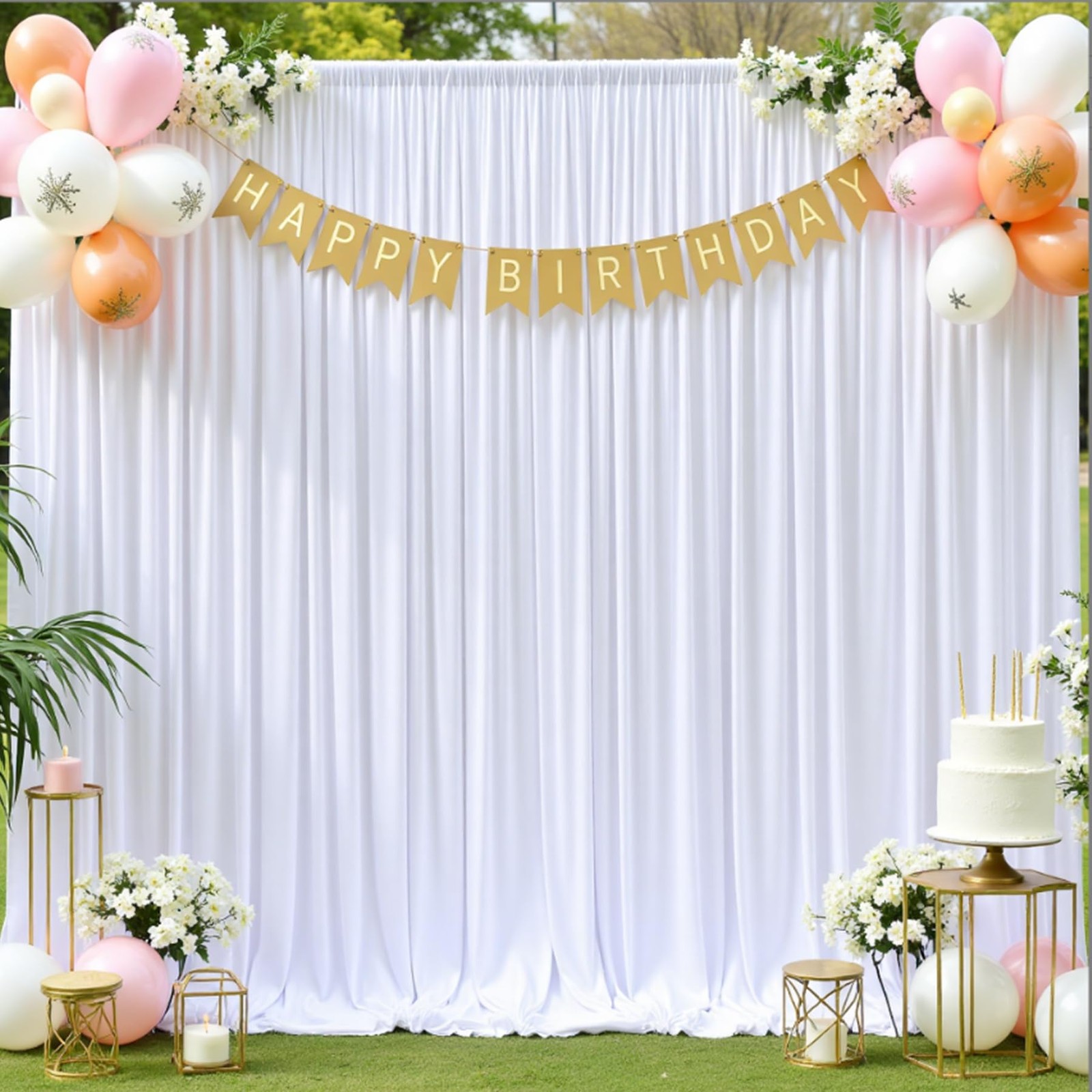 10×10 ft Wrinkle Free White Backdrop Curtains for Parties, Polyester Photo Ba…