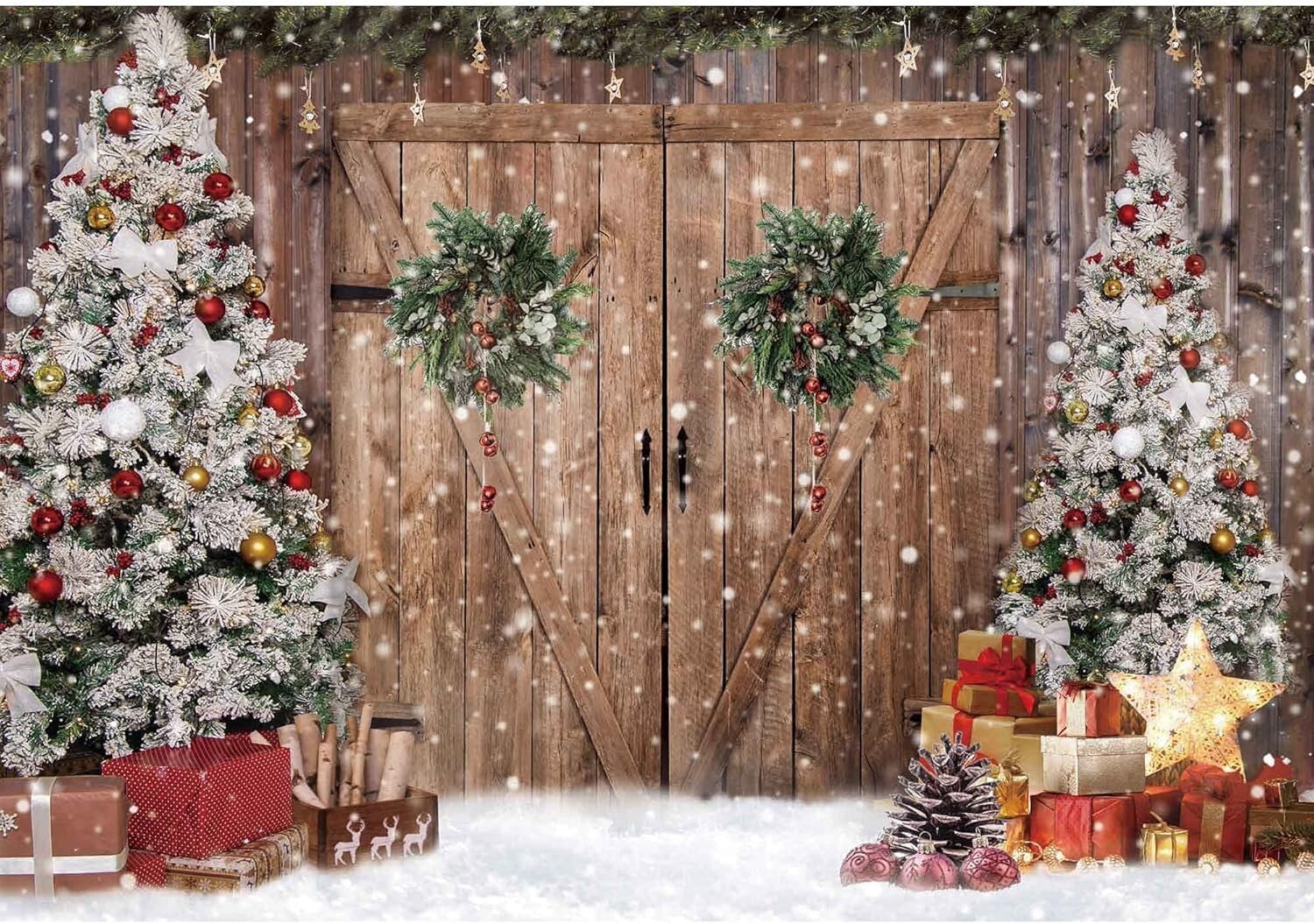 10x8FT Polyester Fabric Winter Christmas Rustic Barn Wood Door Photography Ba…