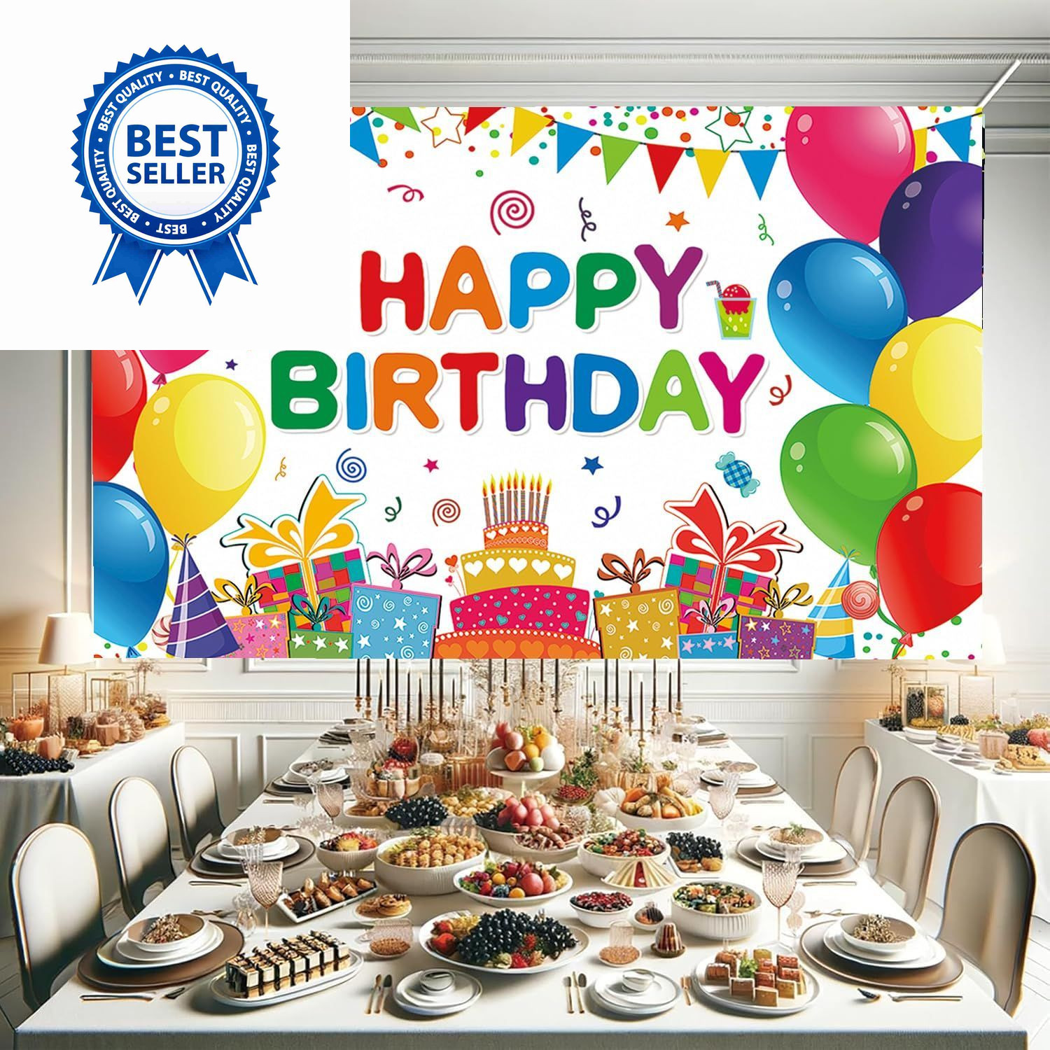 Happy Birthday Backdrop Banner- Colorful 6×3.6ft, Multicolor