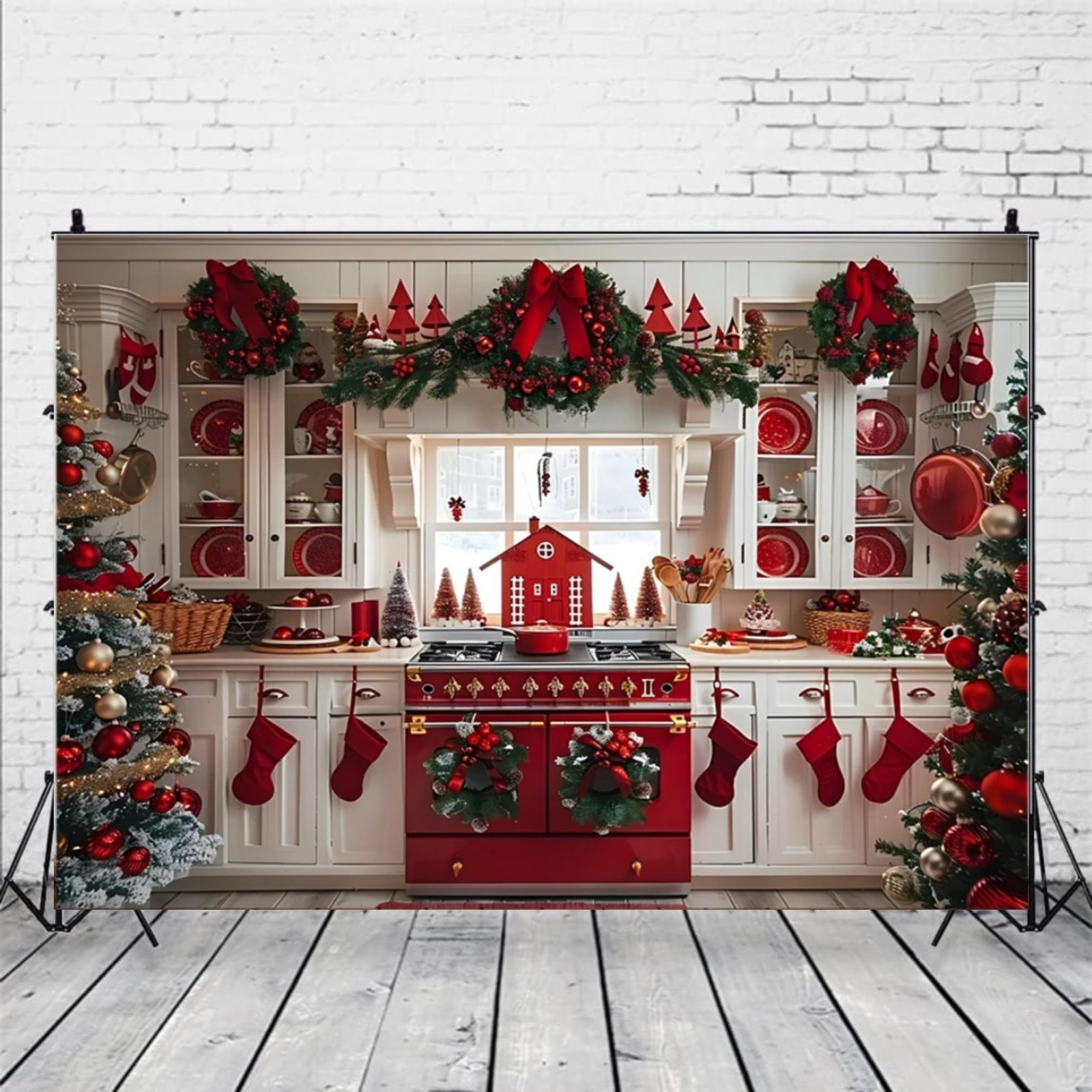 7x5ft Christmas Photography Backdrop Kitchen Cabinets Holiday Party Studio