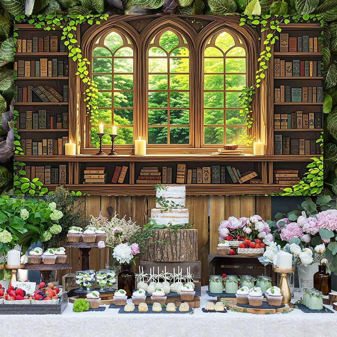 Vintage Wooden Bookshelf Backdrop for Photography Retro Library Window Green