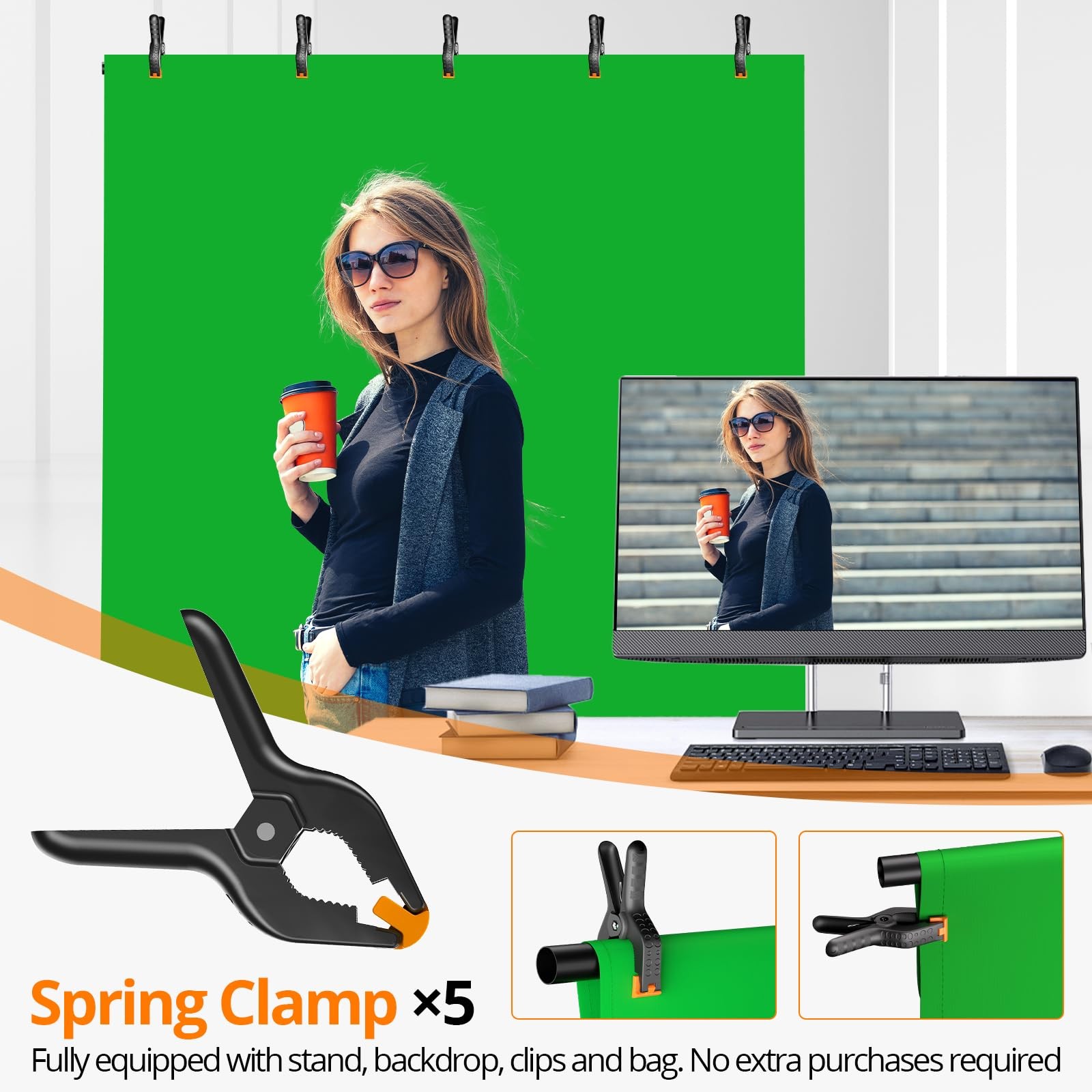 5×7 Ft Portable Green Screen Backdrop Kit TShaped Stand 5 Clamps Bag