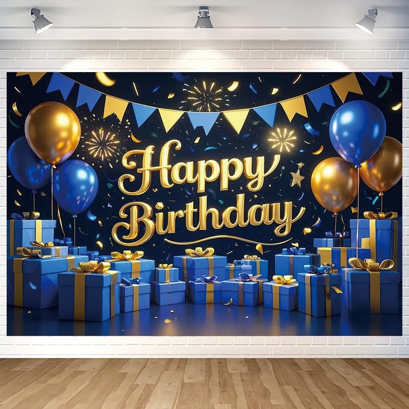 Blue Gold Happy Birthday Backdrop Banner Blue Gold Gift Boxes Photography Bac…