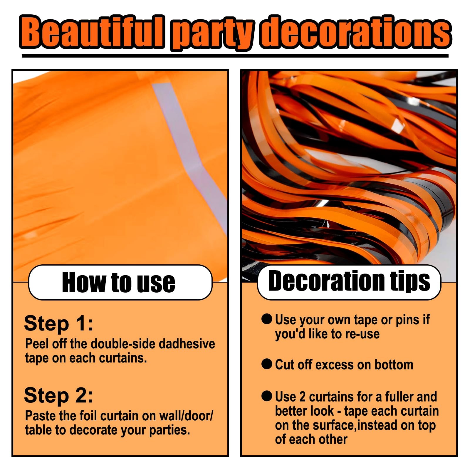 6 PCS Black Orange Foil Fringe Curtain Backdrop 3.28Ftx9.8Ft Metallic Tinsel