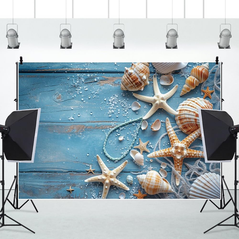 12x8ft Summer Nautical Backdrops for Photography Rustic Blue Wood Ocean Seash…