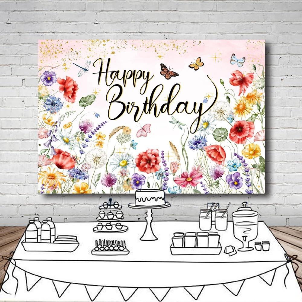 Wildflower Happy Birthday Backdrop 7x5FT Spring Watercolor Floral Background