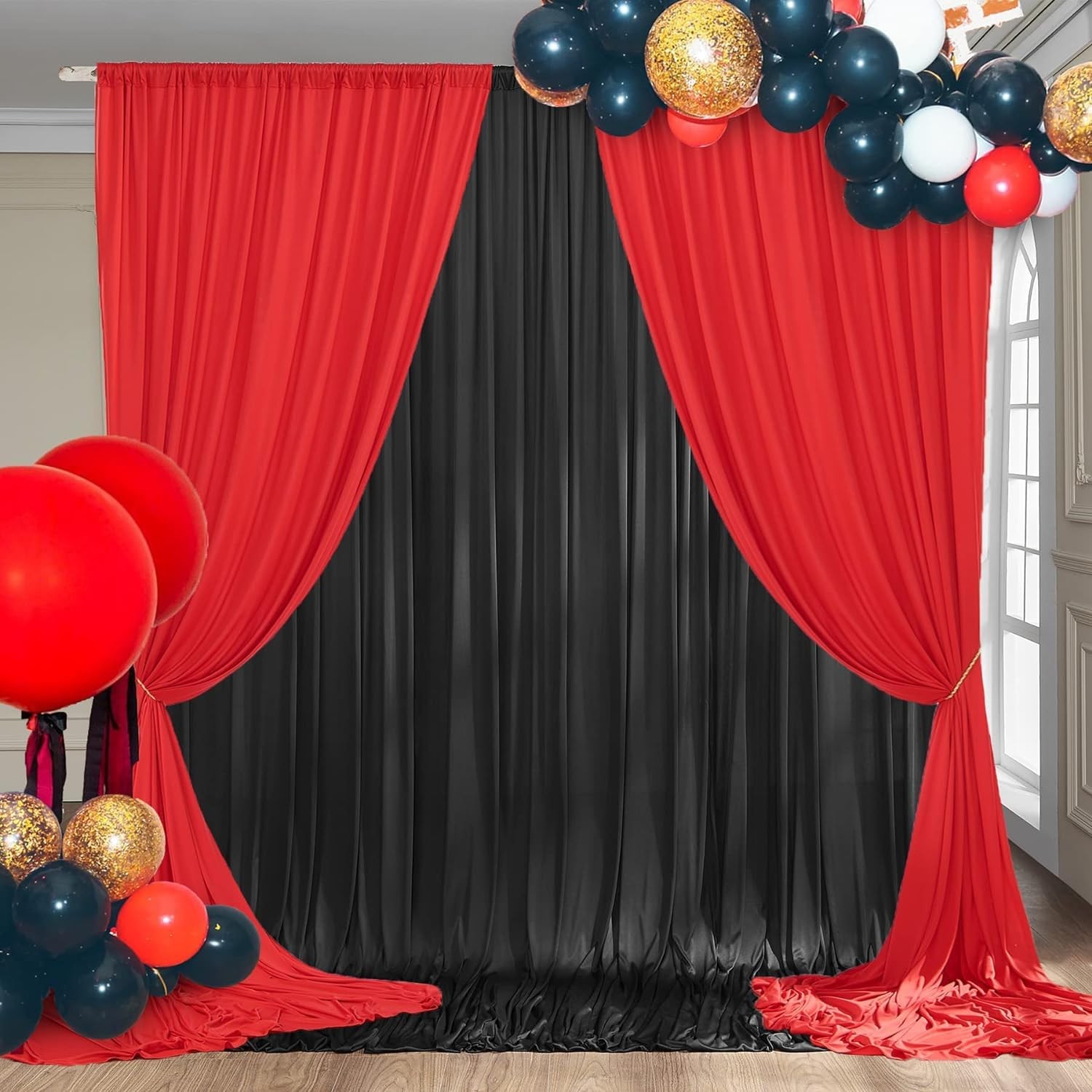 10x10ft Black Backdrop Curtains and Red Backdrop Curtains Panels, Black and R…