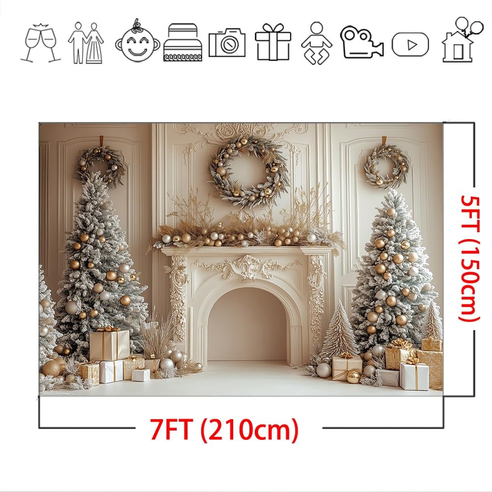 White Gold Christmas Tree Fireplace Holiday Photography Backdrop 7x5ft Mat