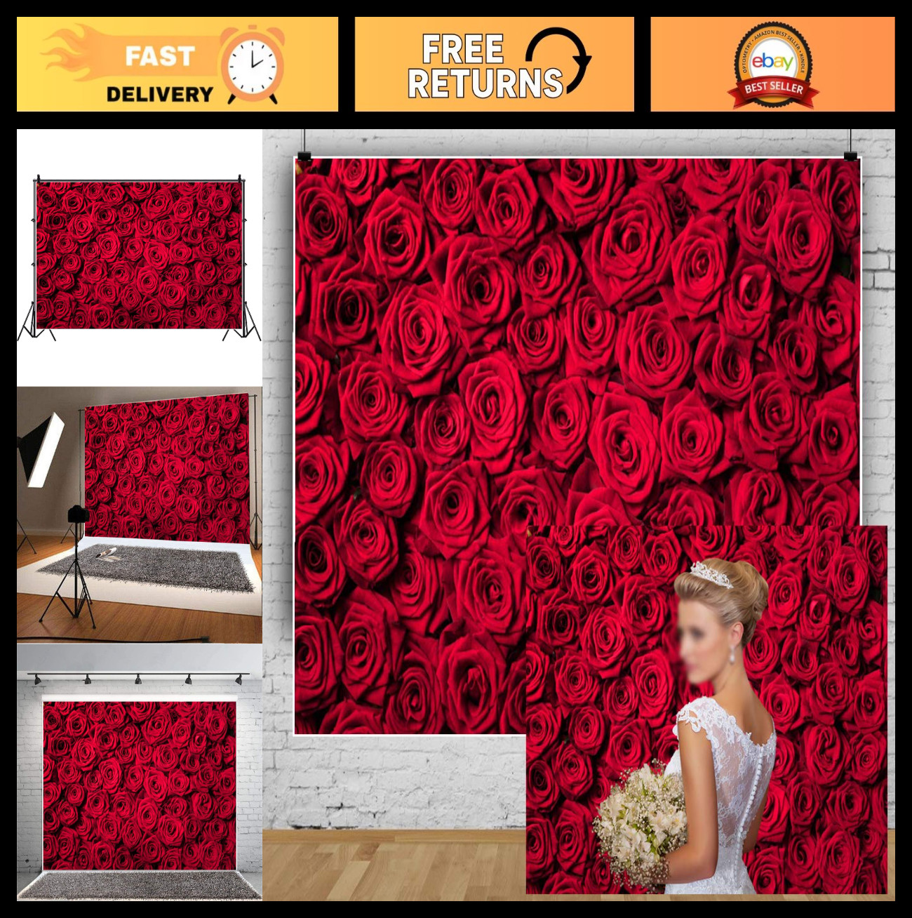 10x8ft Red Rose Backdrop – Floral Wall Background for Weddings, Parties, & Photo