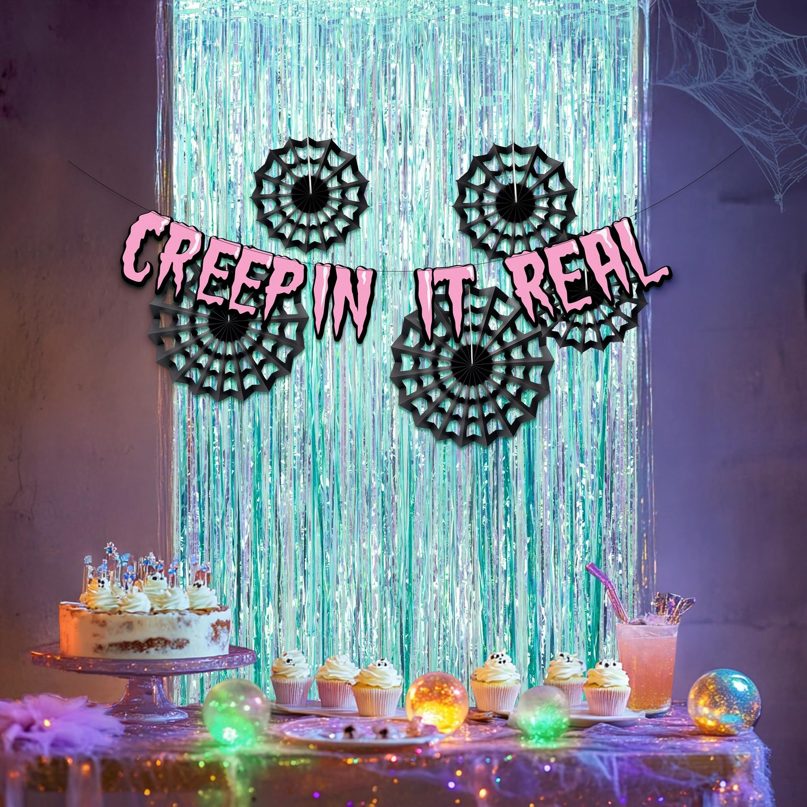 Cyan Summerween Spider Backdrop Banner Party Decorations Pastel Foil Hallowee…