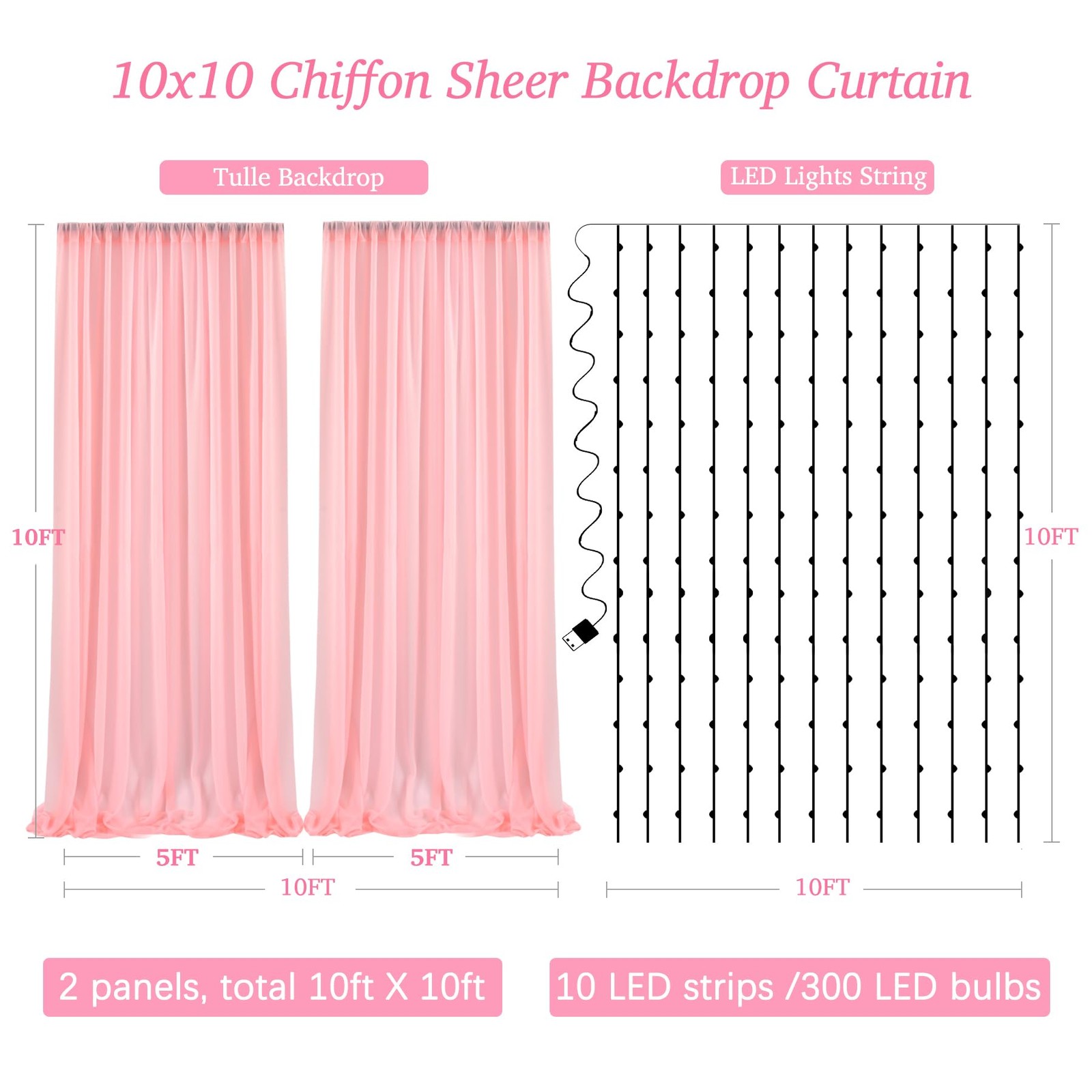 2 Panels 10×10 Ft Baby Pink Backdrop Curtain Lights String Wedding Photo