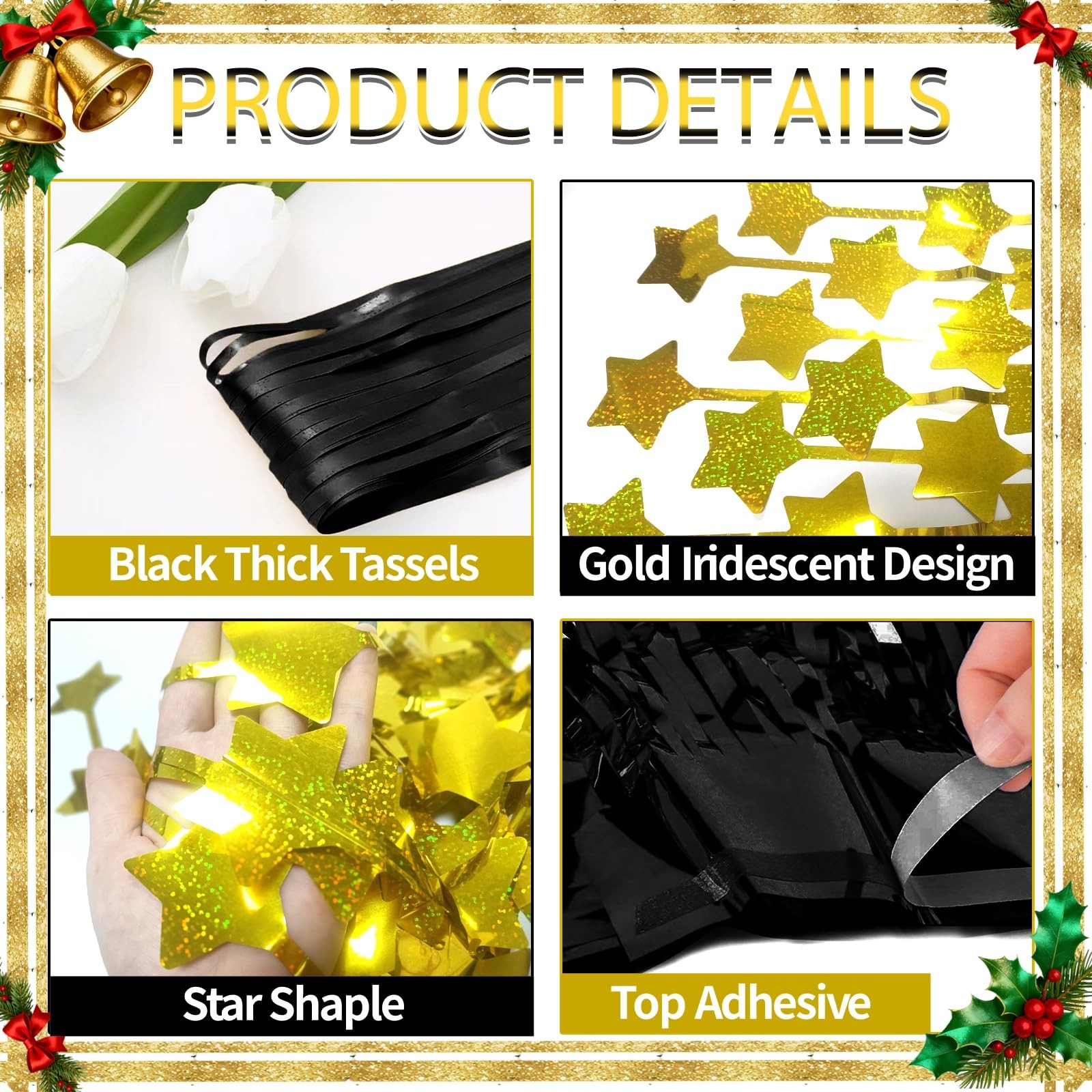 4 PCS 3.3×6.6ft Black Gold Star Tinsel Fringe Curtain Backdrop