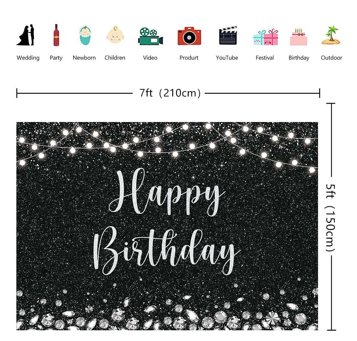 Happy Birthday Backdrop Glitter Silver Dots and Black Photography Background