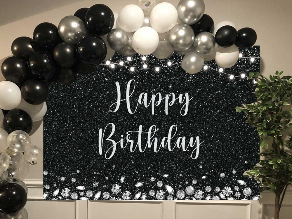 Happy Birthday Backdrop Glitter Silver Dots and Black Photography Background