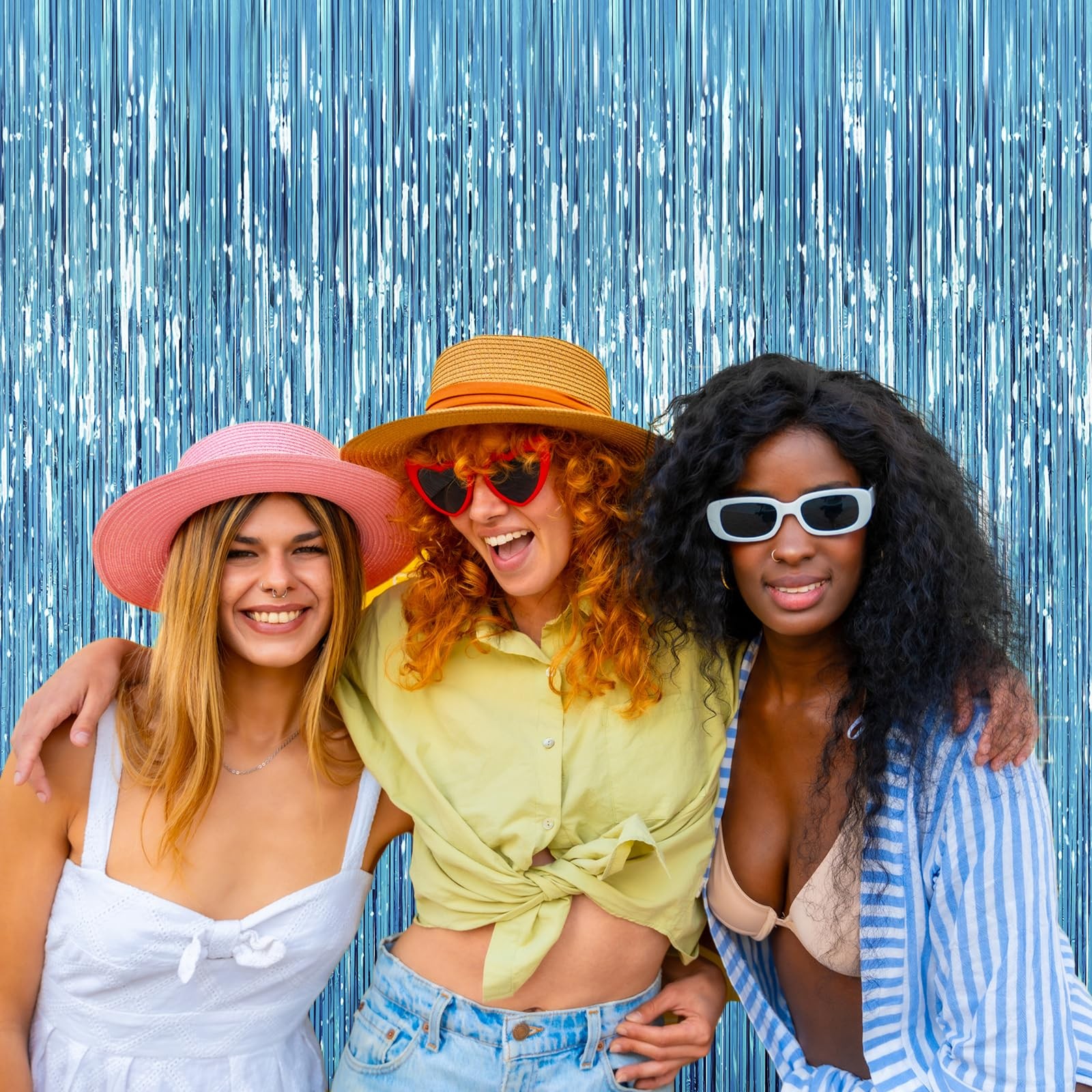 2 PCS Light Blue Tinsel Foil Fringe Curtain Party Photo Backdrop 3.3×6.6 Ft